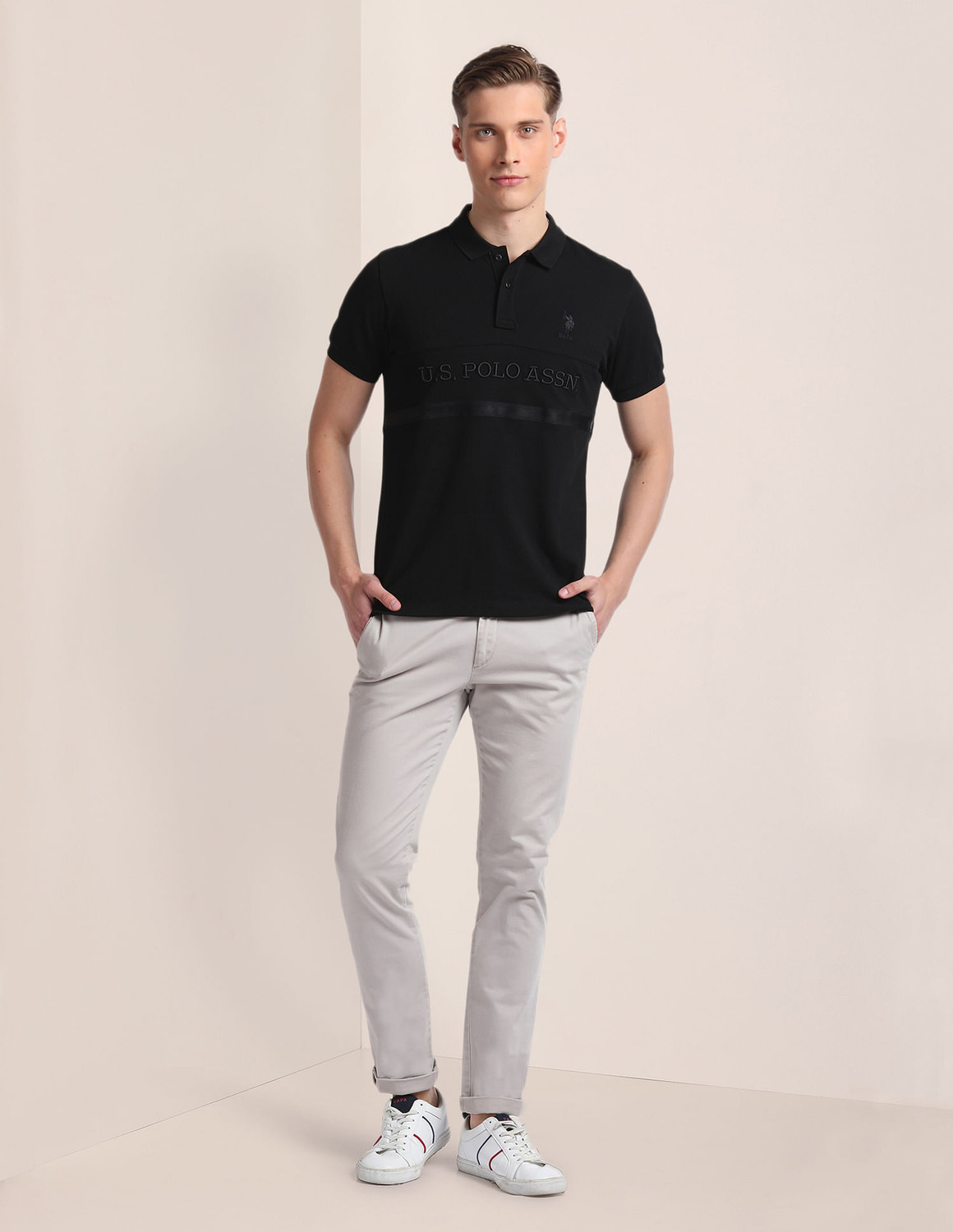 Image of U.S. POLO ASSN. Solid Men Polo Neck Black T-Shirt