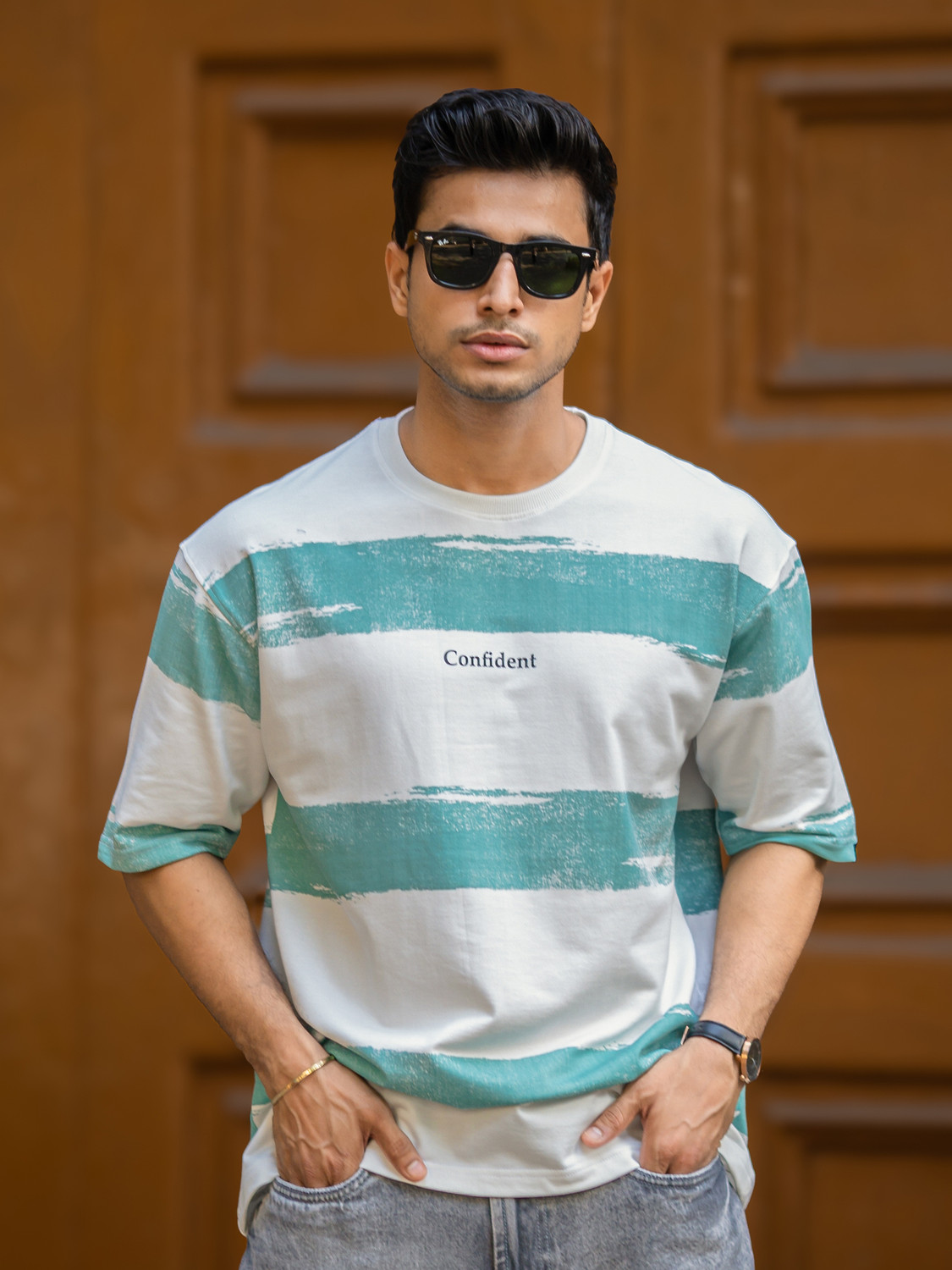 Image of MANIAC Striped Men Round Neck Green, White T-Shirt
