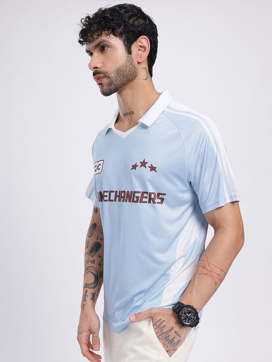 Image of Glitchez Printed Men Polo Neck Blue T-Shirt