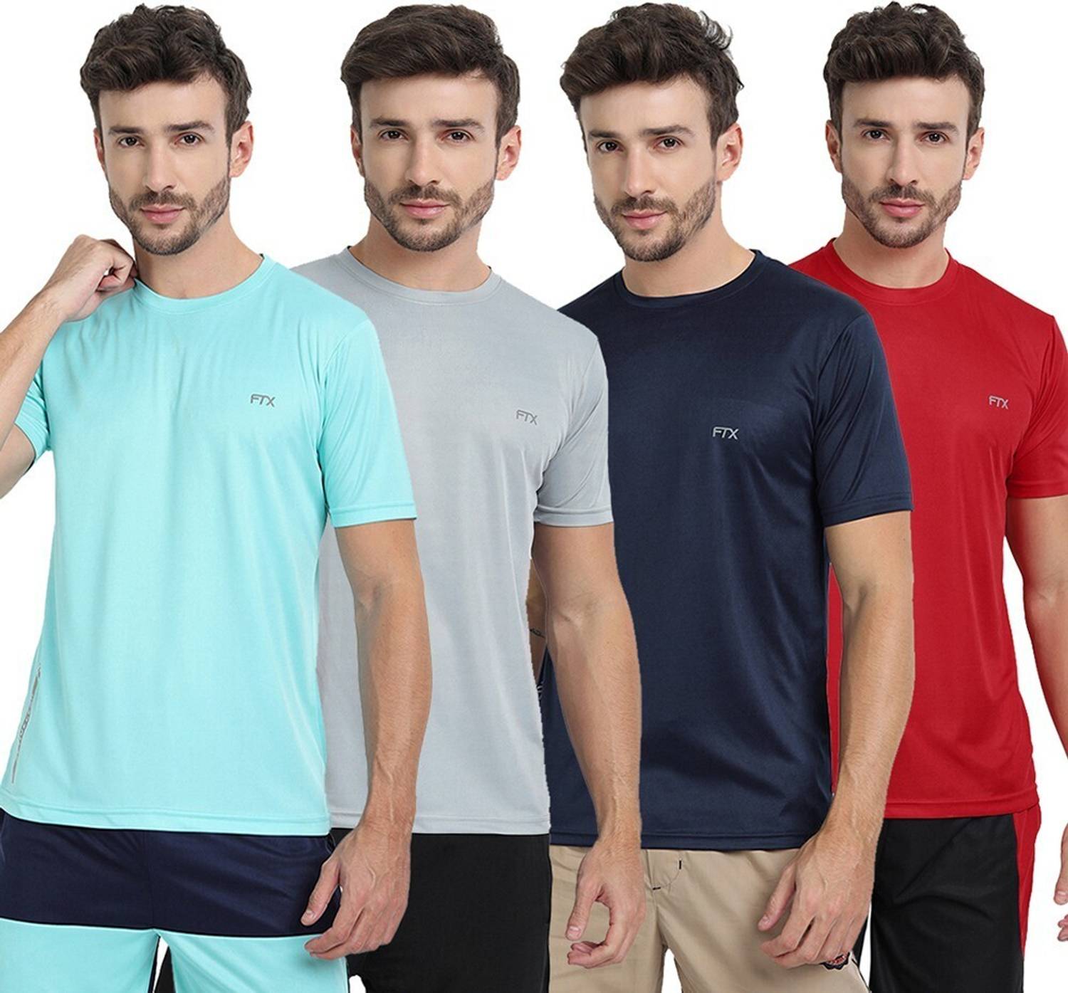 FTX Pack of 4 Men Solid Round Neck Polyester Multicolor T-Shirt