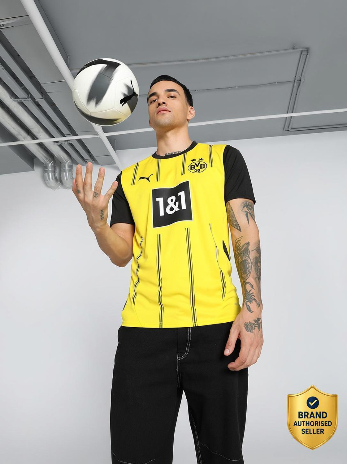 Image of PUMA Striped Men Crew Neck Yellow T-Shirt