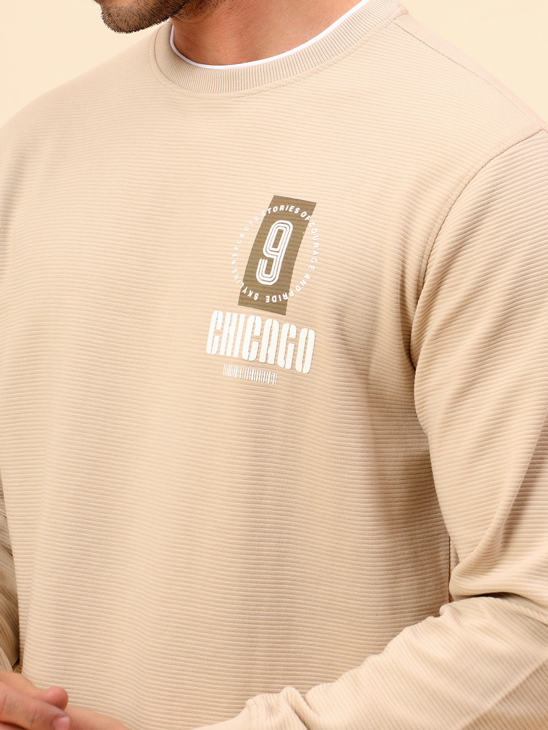 Image of CANTABIL Printed Men Round Neck Beige T-Shirt