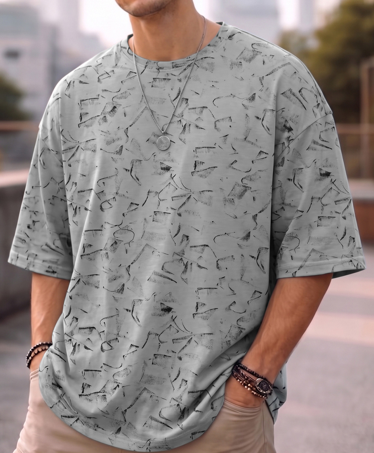 Image of BEING WANTED Printed Men Round Neck Grey T-Shirt