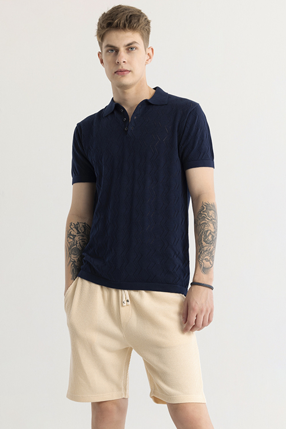 Image of Snitch Printed Men Polo Neck Blue T-Shirt