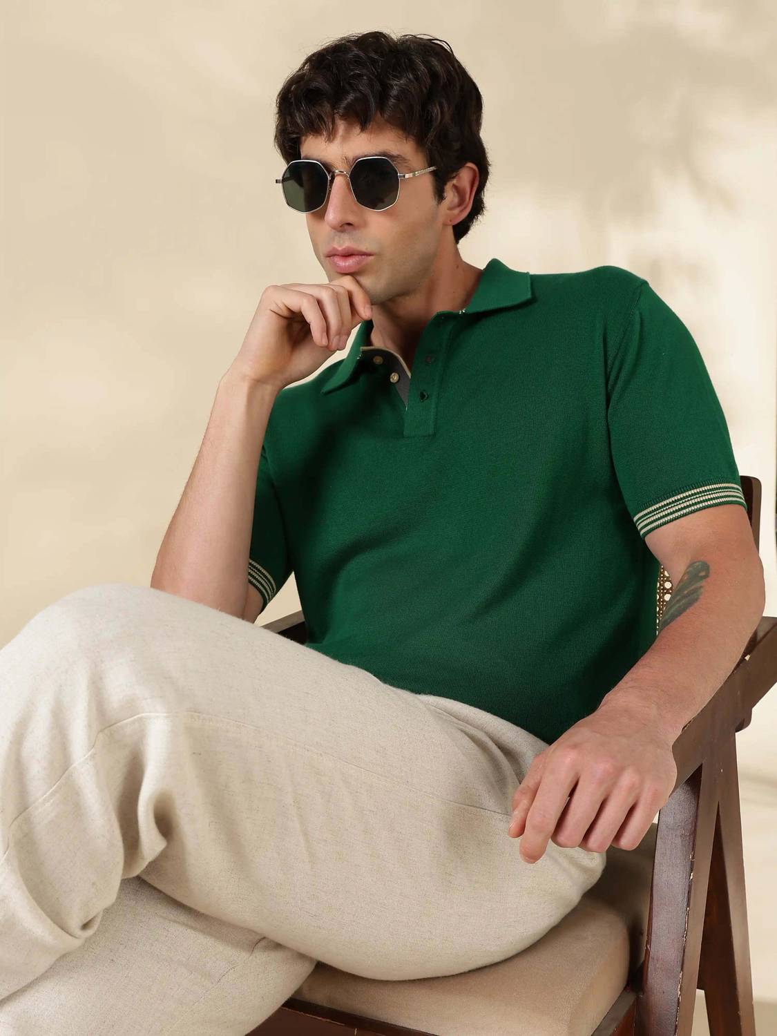 MR BUTTON Solid Men Polo Neck Green T-Shirt - Image 5