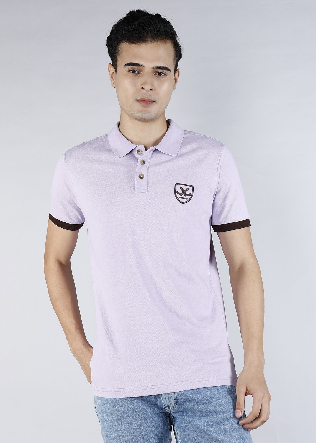 Image of WROGN Men Solid Polo Neck Pure Cotton Purple T-Shirt