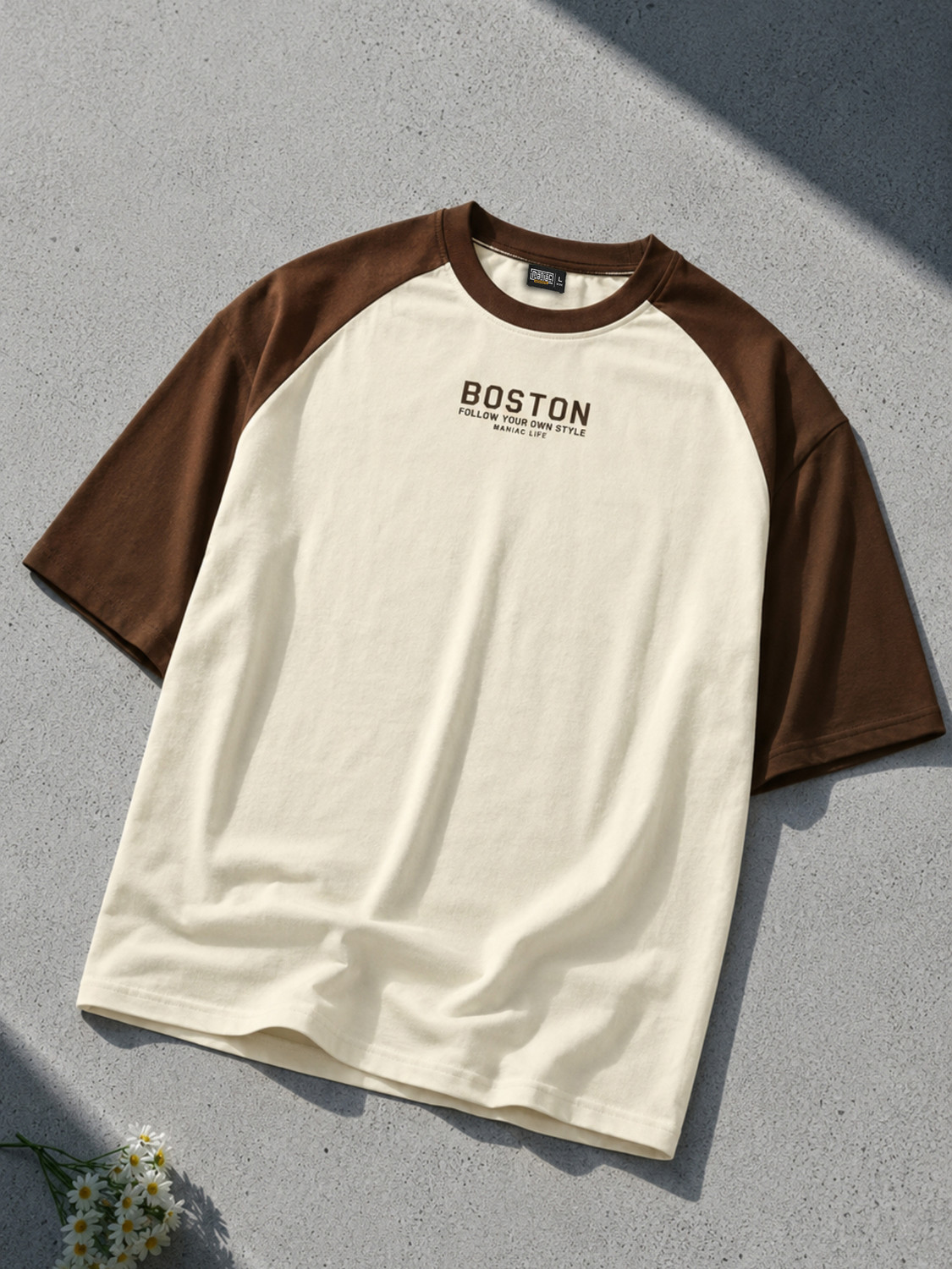 Image of MANIAC Printed Men Round Neck Beige T-Shirt