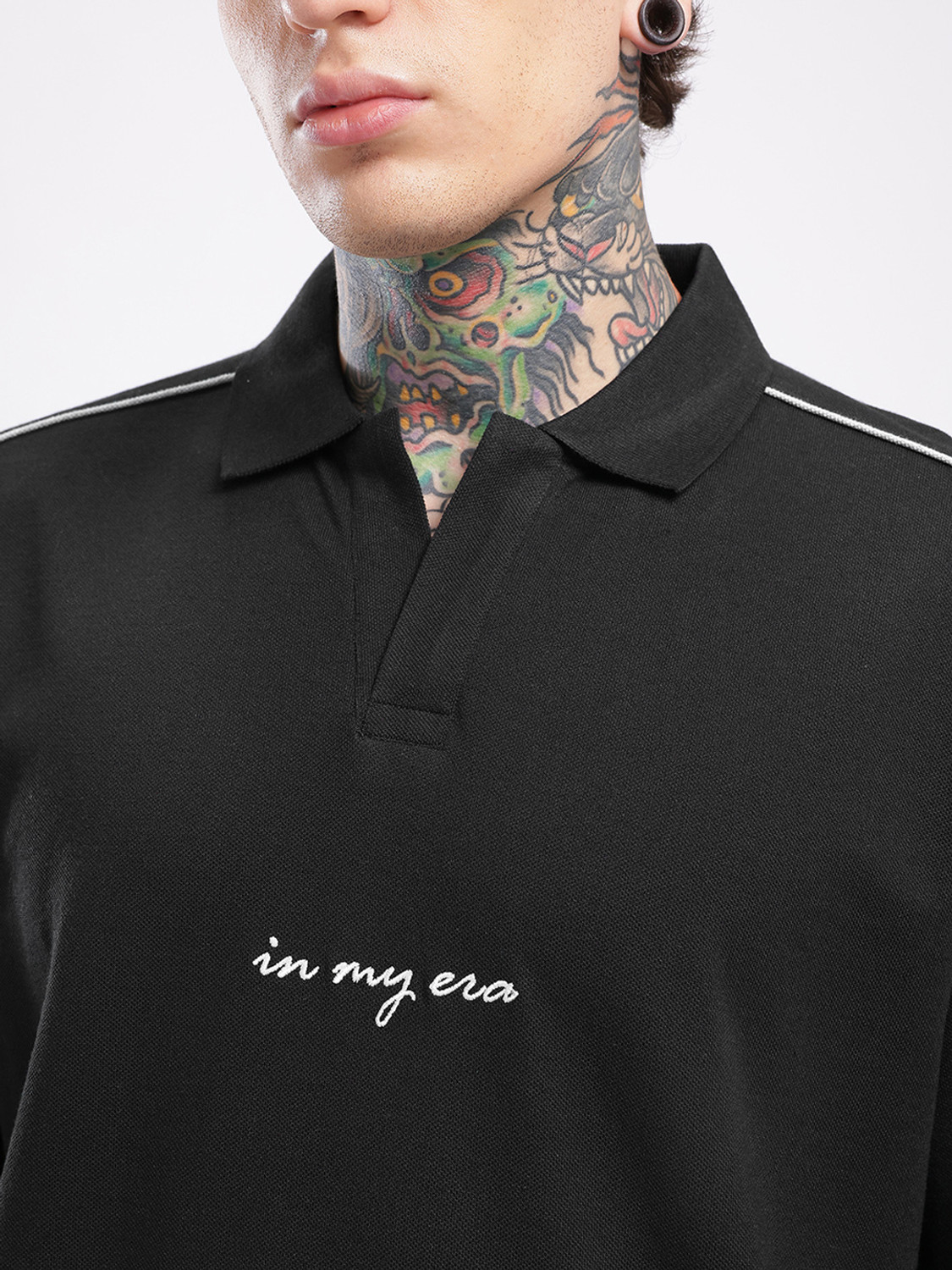 Image of Glitchez Embroidered Men Polo Neck Black T-Shirt