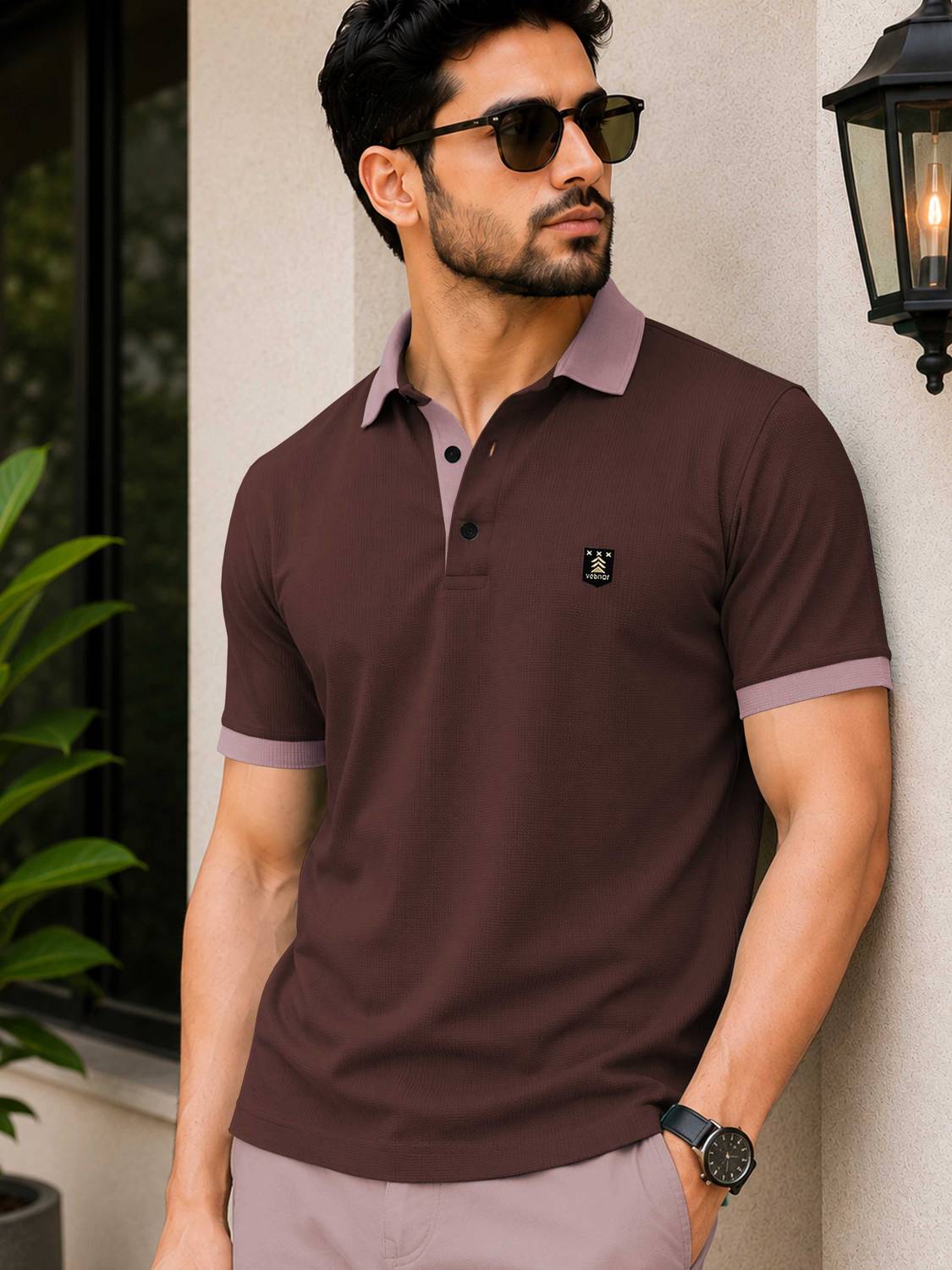 VeBNoR Colorblock Men Polo Neck Brown T-Shirt - Image 1