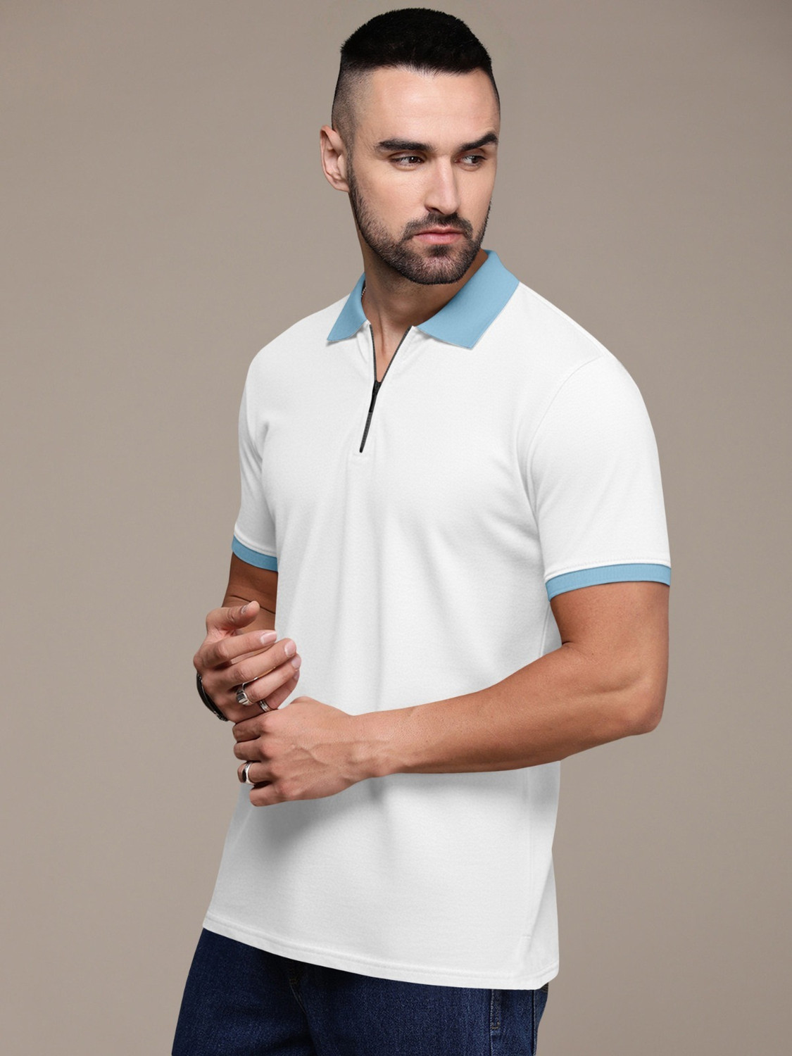 Image of Aamil creation Solid, Colorblock Men Polo Neck White T-Shirt