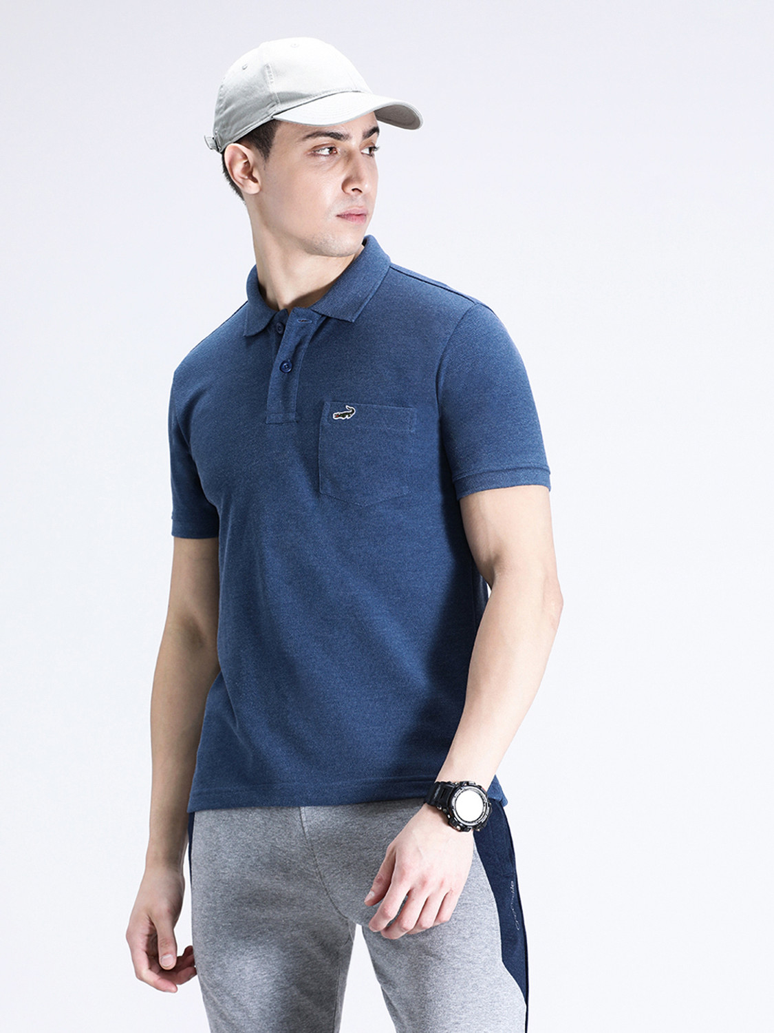 Image of CROCODILE Solid Men Polo Neck Blue T-Shirt
