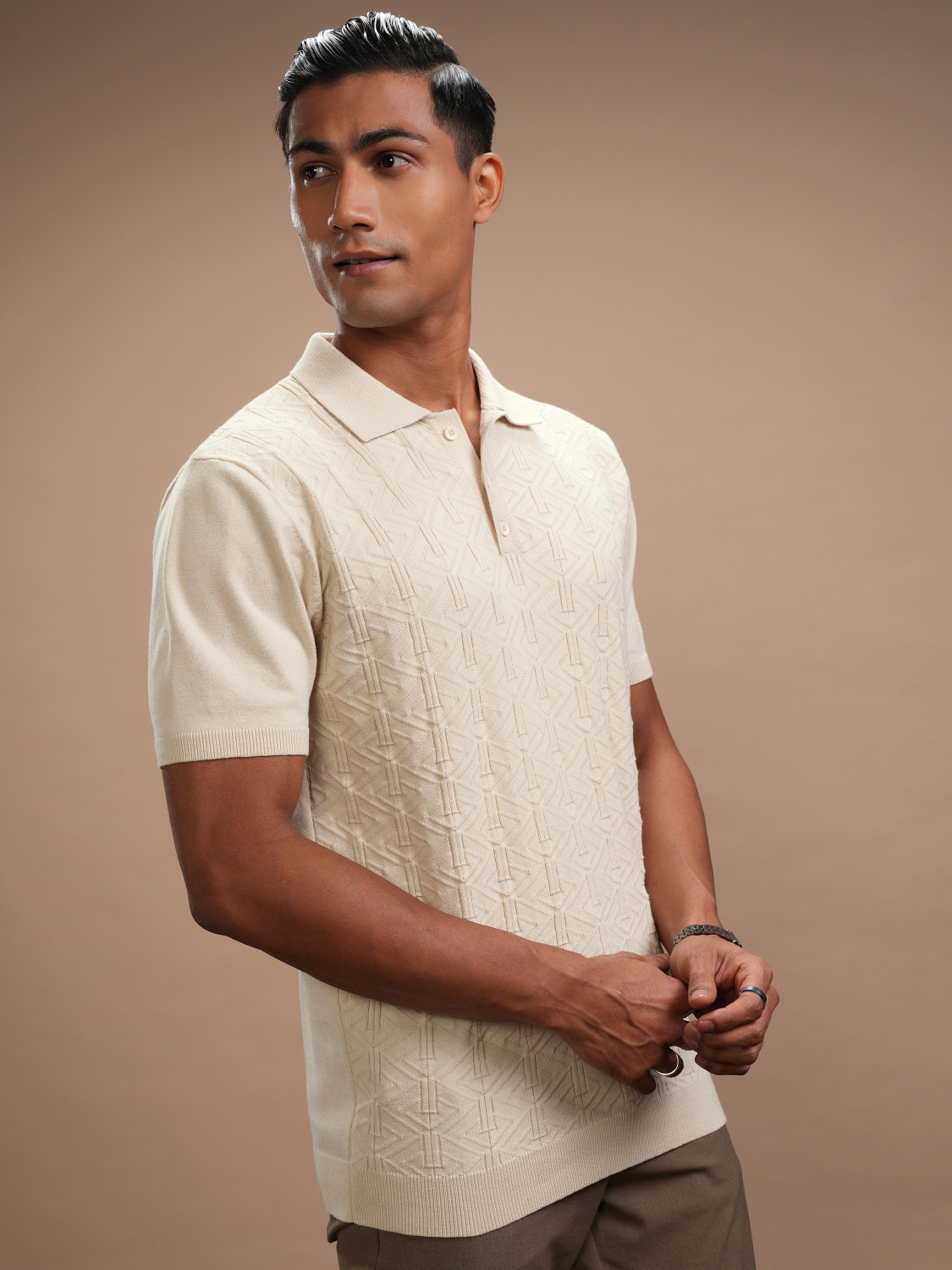 Image of HIGHLANDER Self Design Men Polo Neck Beige T-Shirt