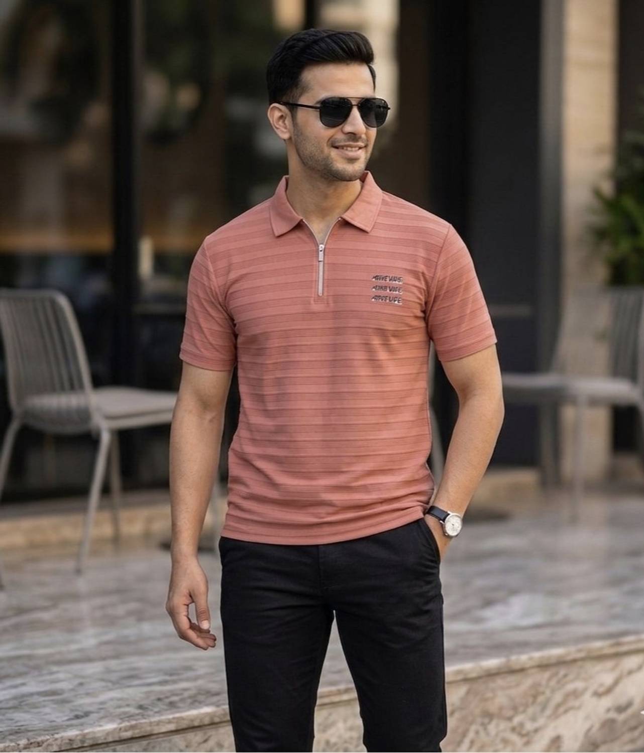 ADR Men Striped, Typography Polo Neck Polycotton Orange T-Shirt