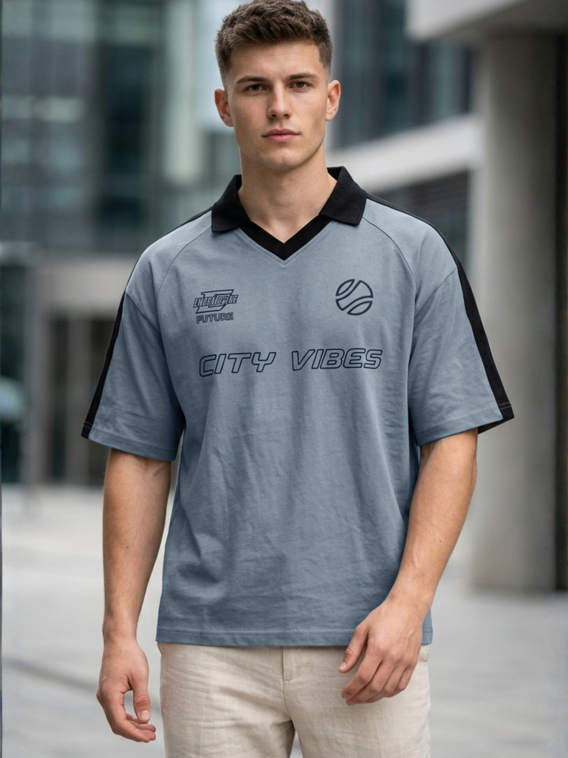 Image of Jump Cuts Printed Men Polo Neck Grey, Black T-Shirt