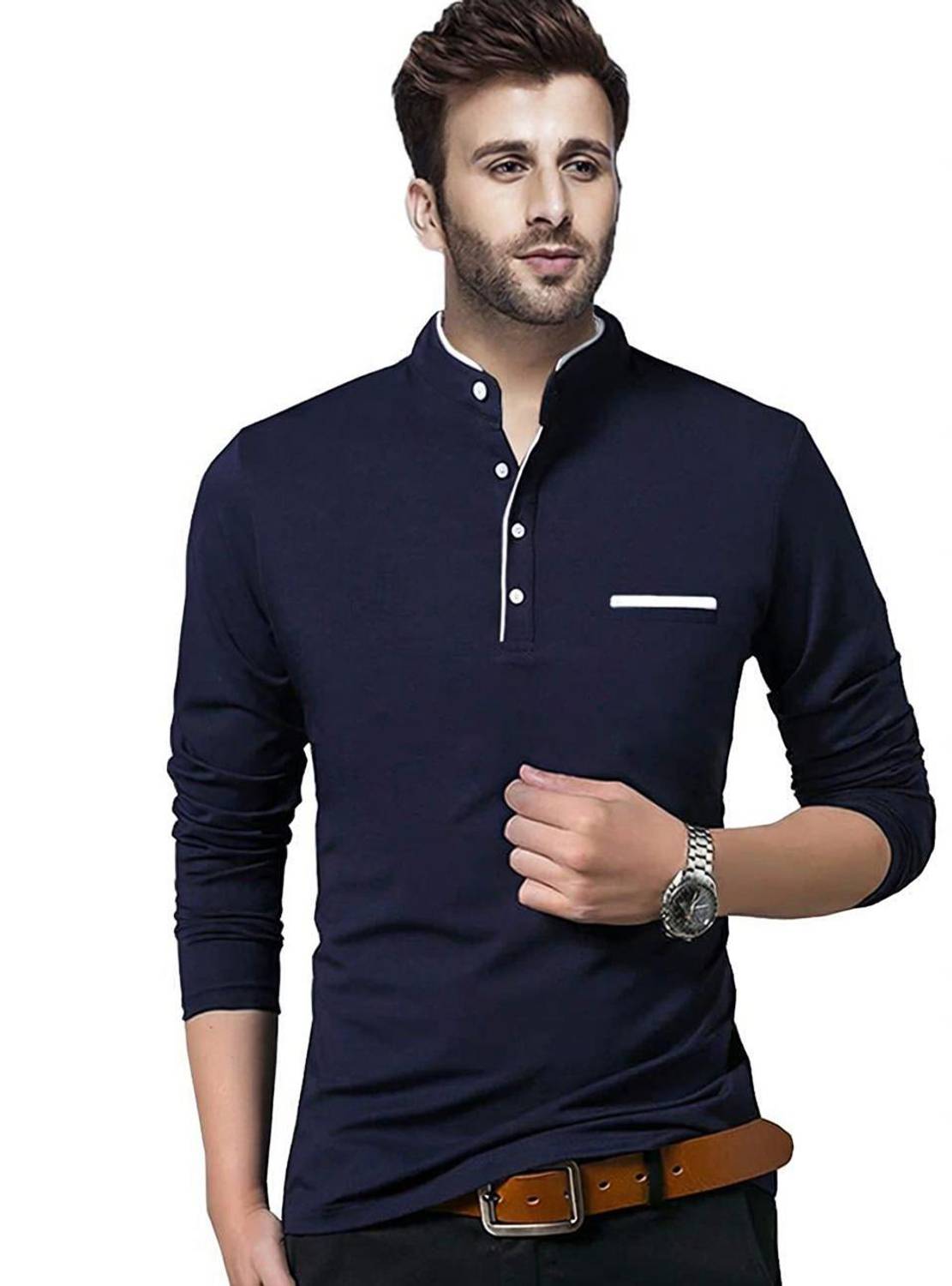 Tivy Solid Men Henley Neck Dark Blue T-Shirt