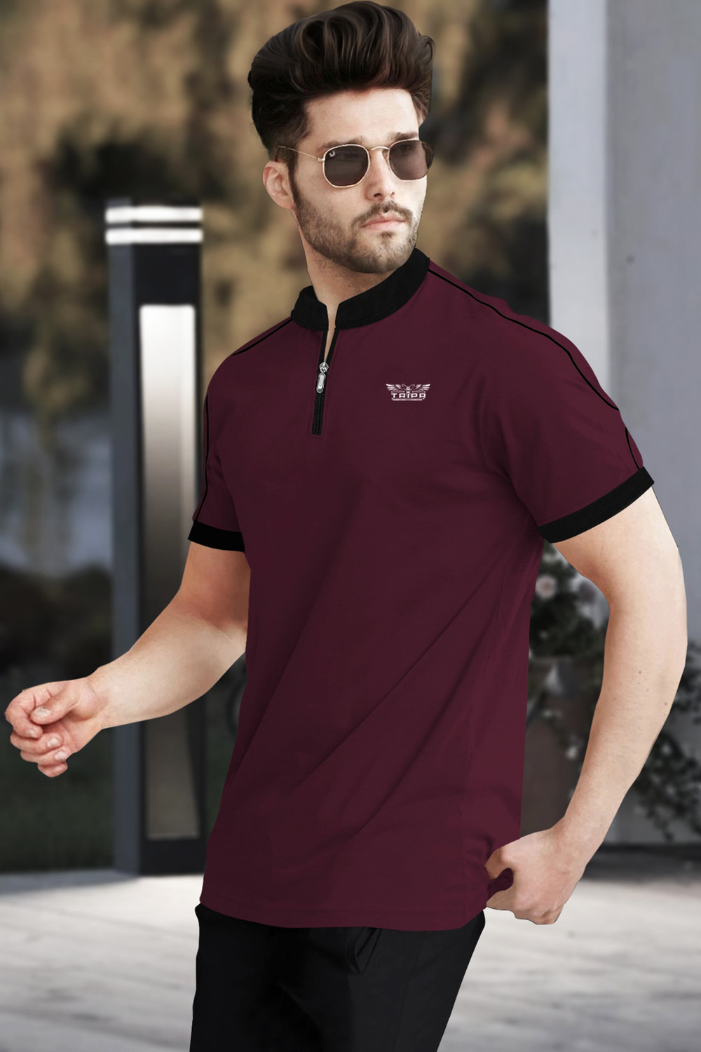 Image of TRIPR Solid Men Henley Neck Maroon, Black T-Shirt