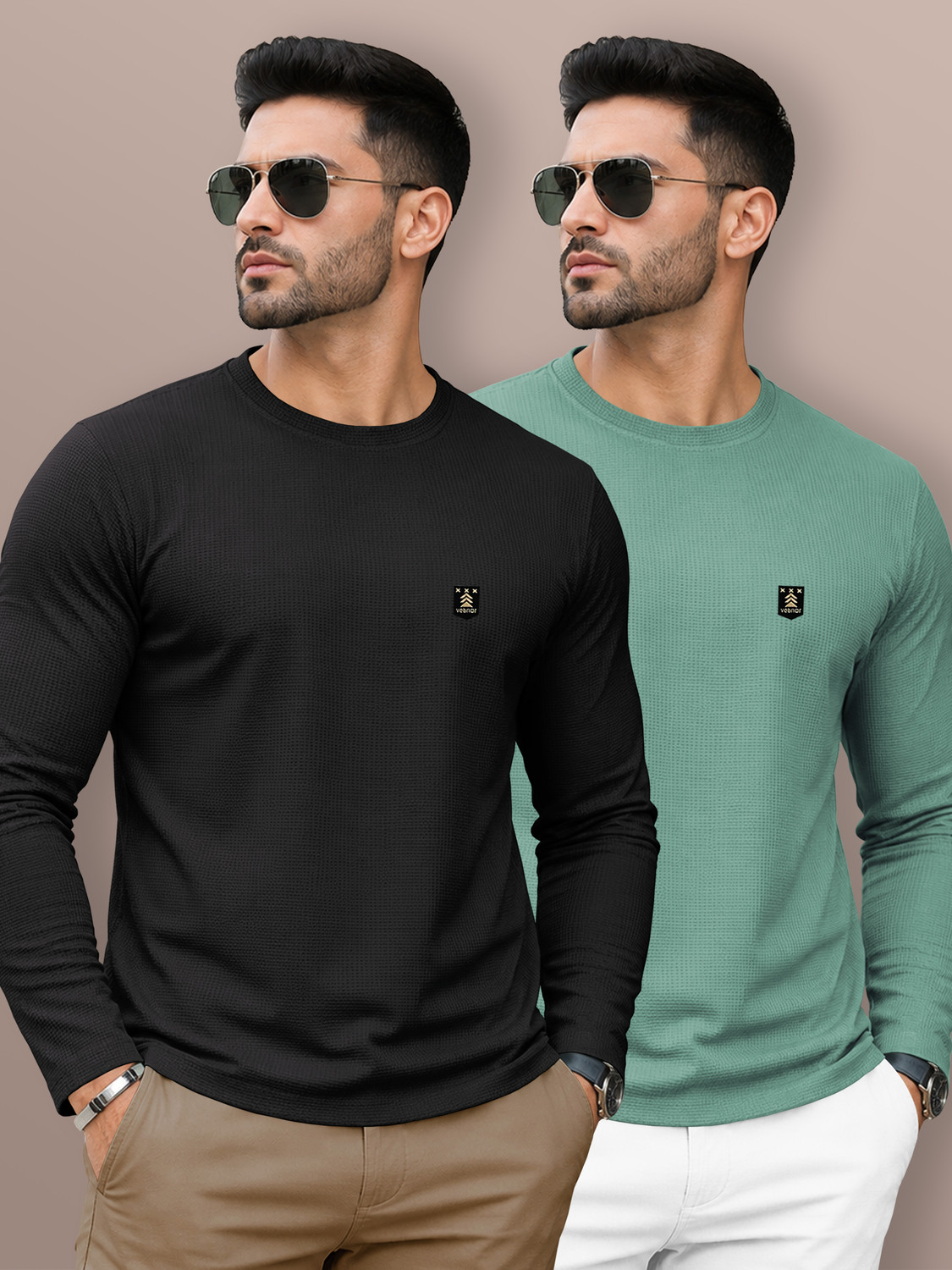 Image of VeBNoR Self Design Men Round Neck Black, Light Green T-Shirt
