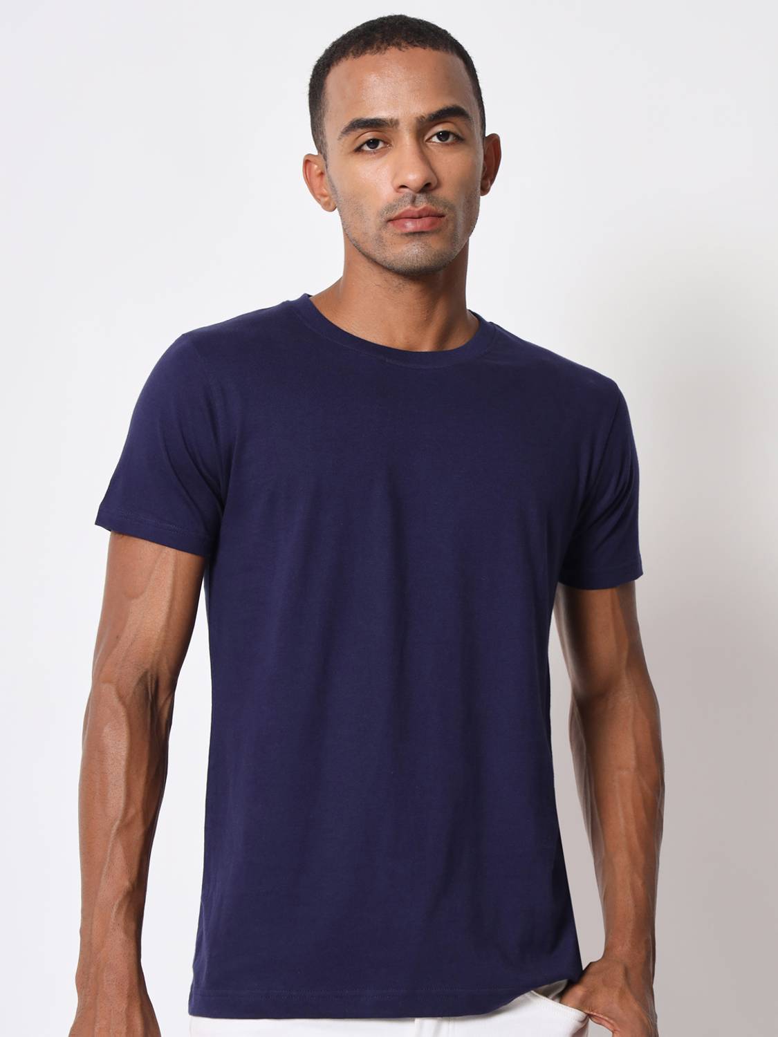 aristitch Solid Men Round Neck Dark Blue T-Shirt