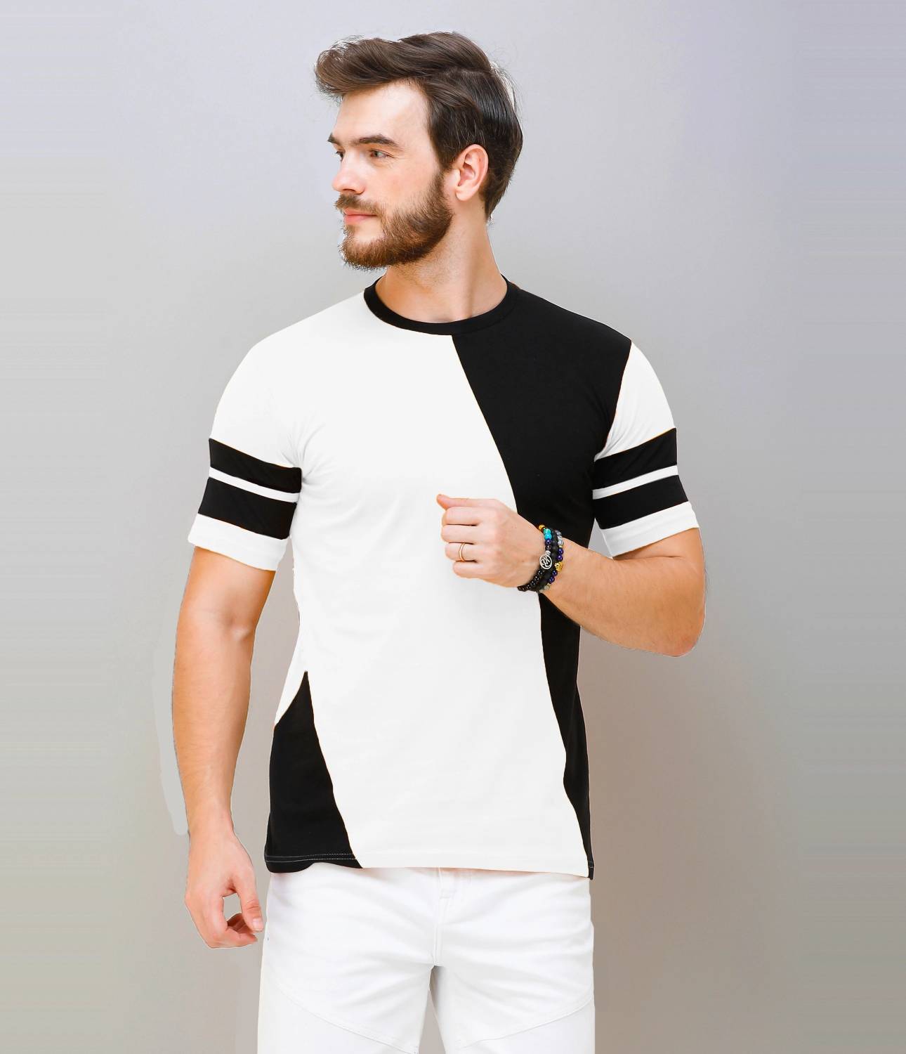 Wrath Men Colorblock Round Neck Pure Cotton White, Black T-Shirt