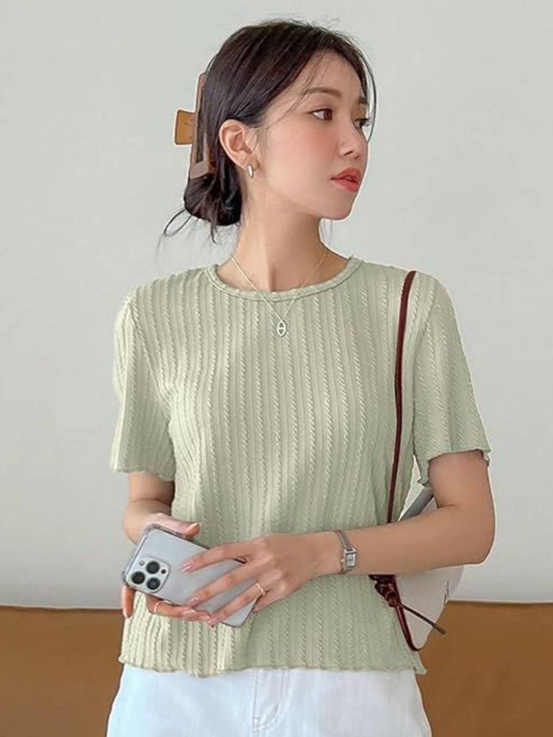1stLov Self Design Women Round Neck Green T-Shirt