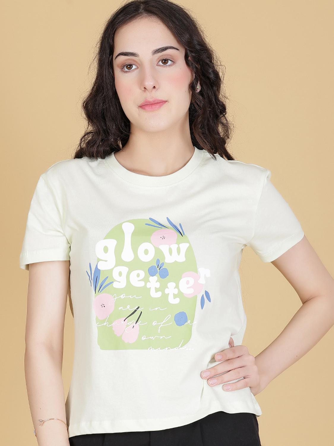 Image of V-MART Printed Women Round Neck White T-Shirt