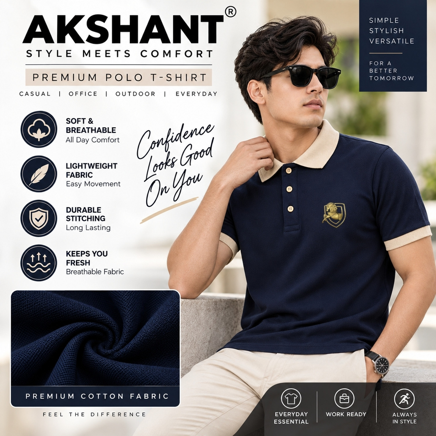 Image of AKSHANT Printed Men Polo Neck Navy Blue T-Shirt