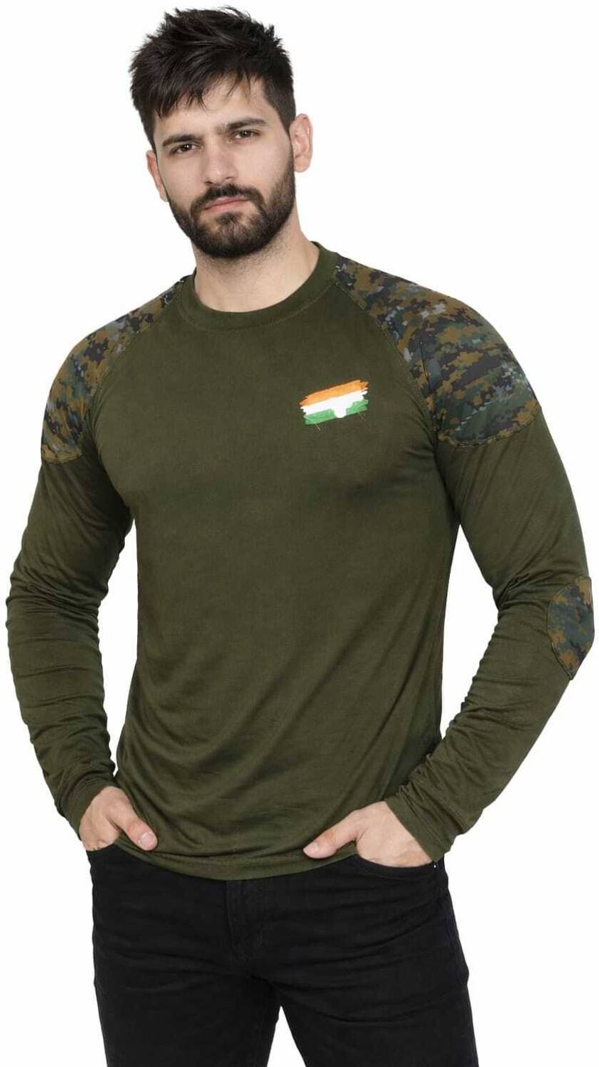 CAMOTAGE Solid, Military Camouflage, Embroidered, Typography Men Round Neck Green T-Shirt