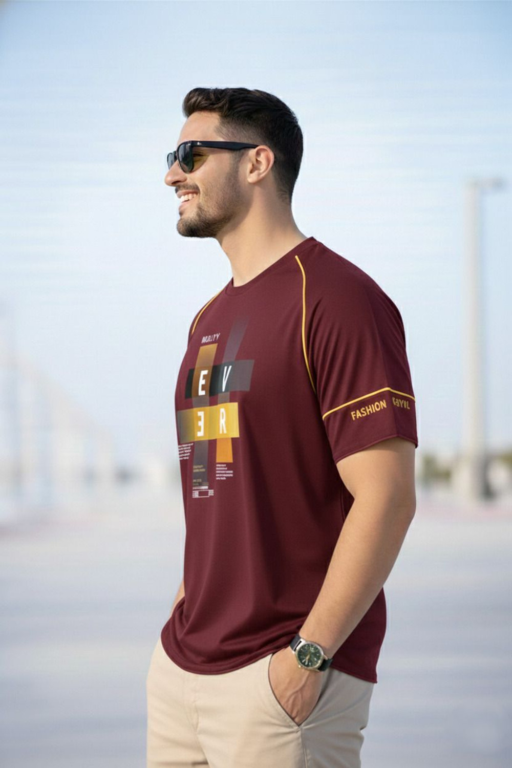 Image of Reya Printed Men Round Neck Maroon T-Shirt
