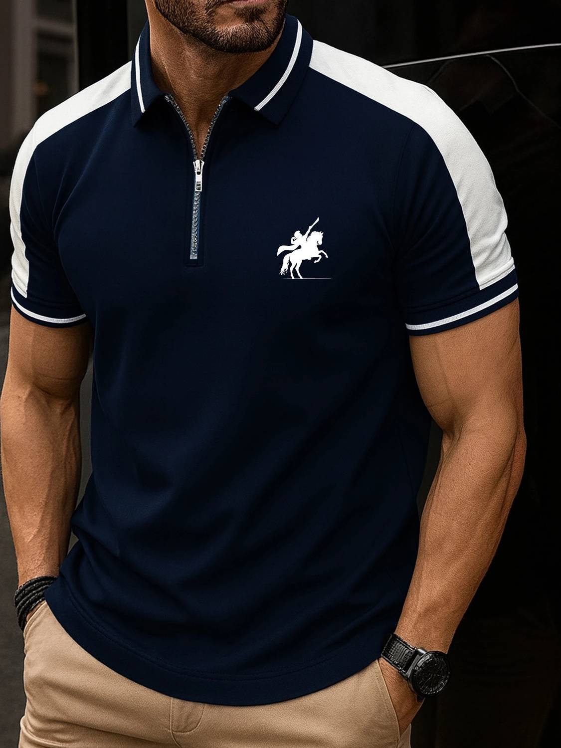 Jump Cuts Dark Blue Polo Neck T-Shirt - Image 2