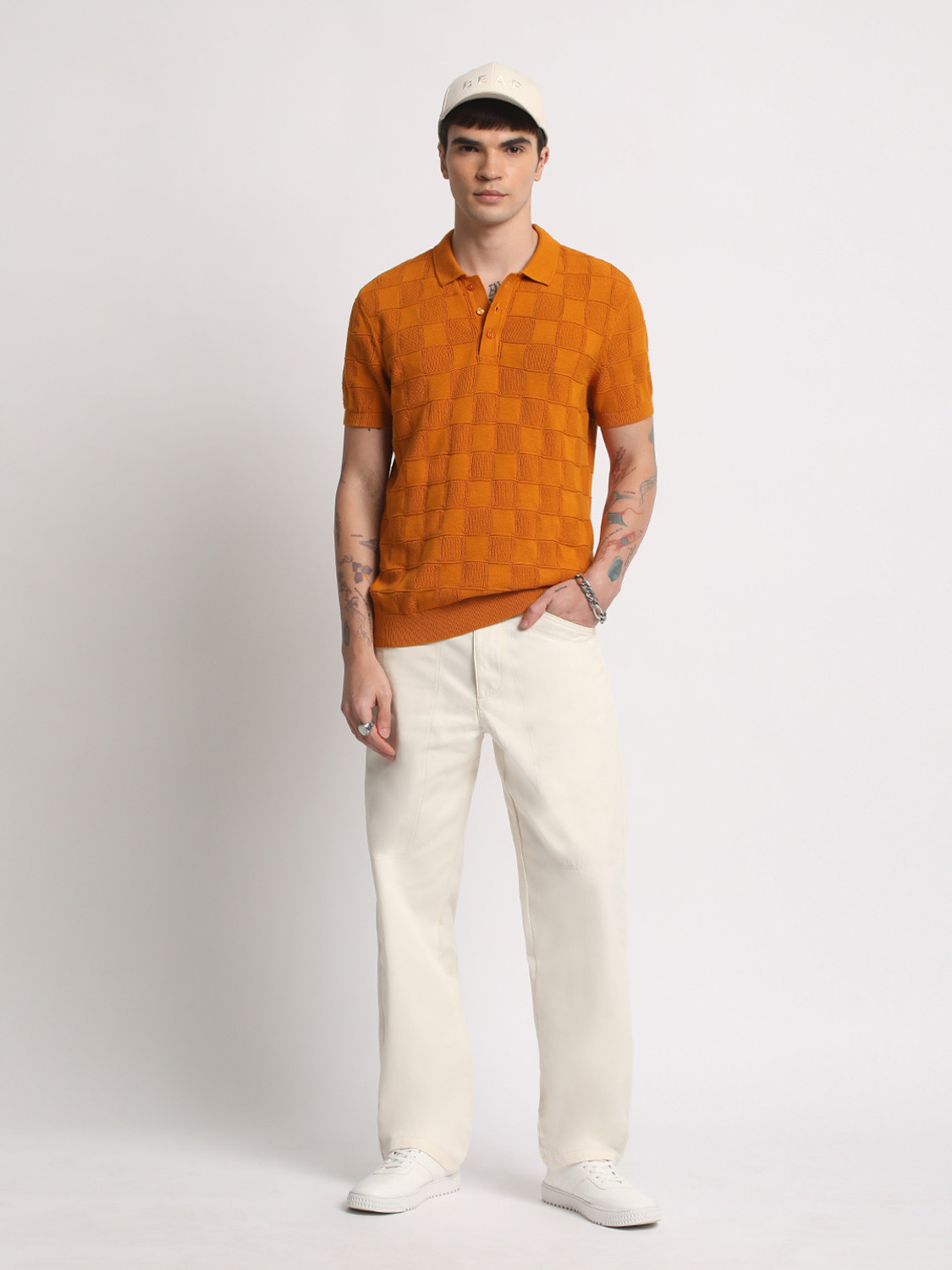 Image of THE BEAR HOUSE Checkered Men Polo Neck Orange T-Shirt