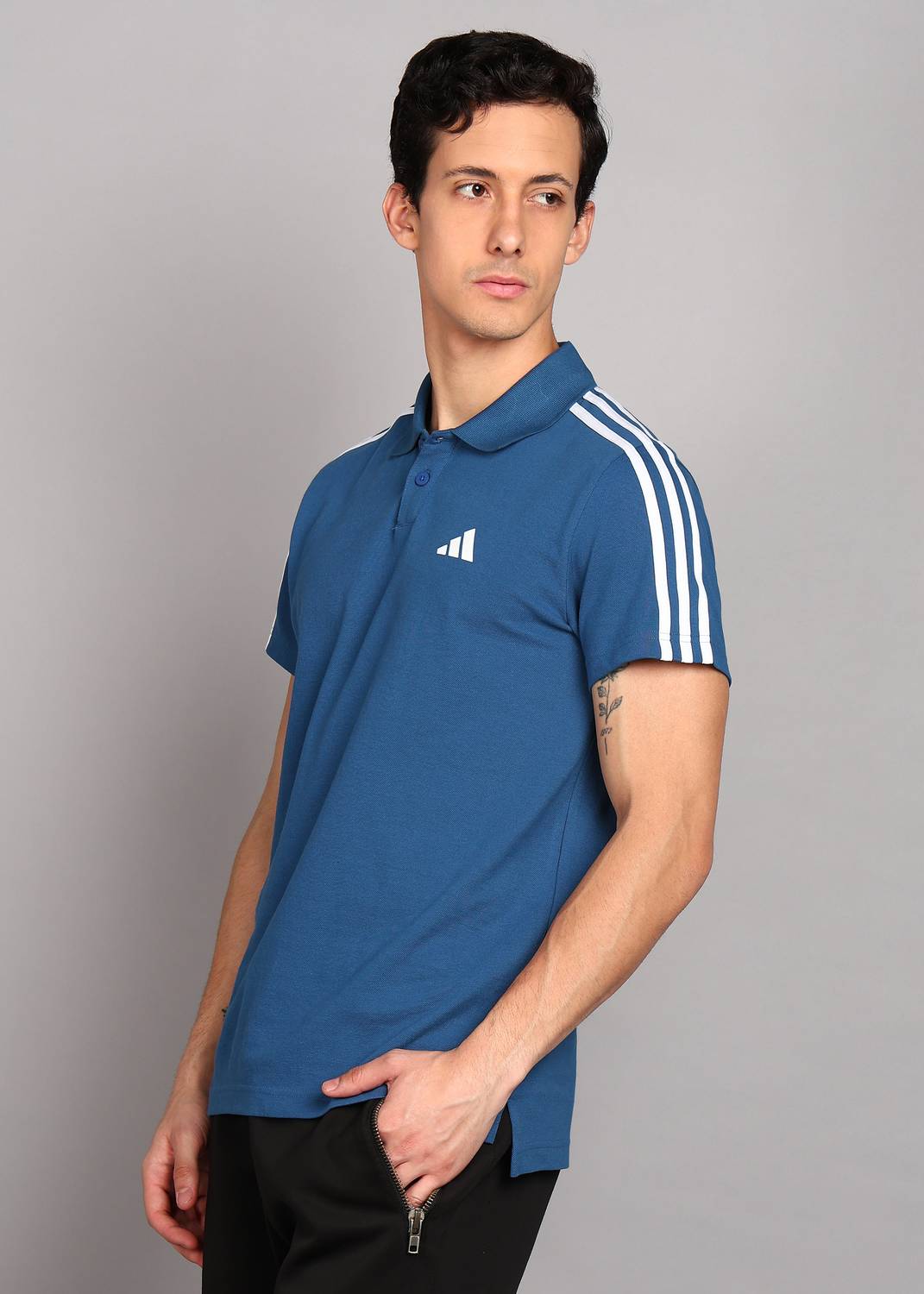 ADIDAS Blue Striped Men Polo Neck T-Shirt - Image 3