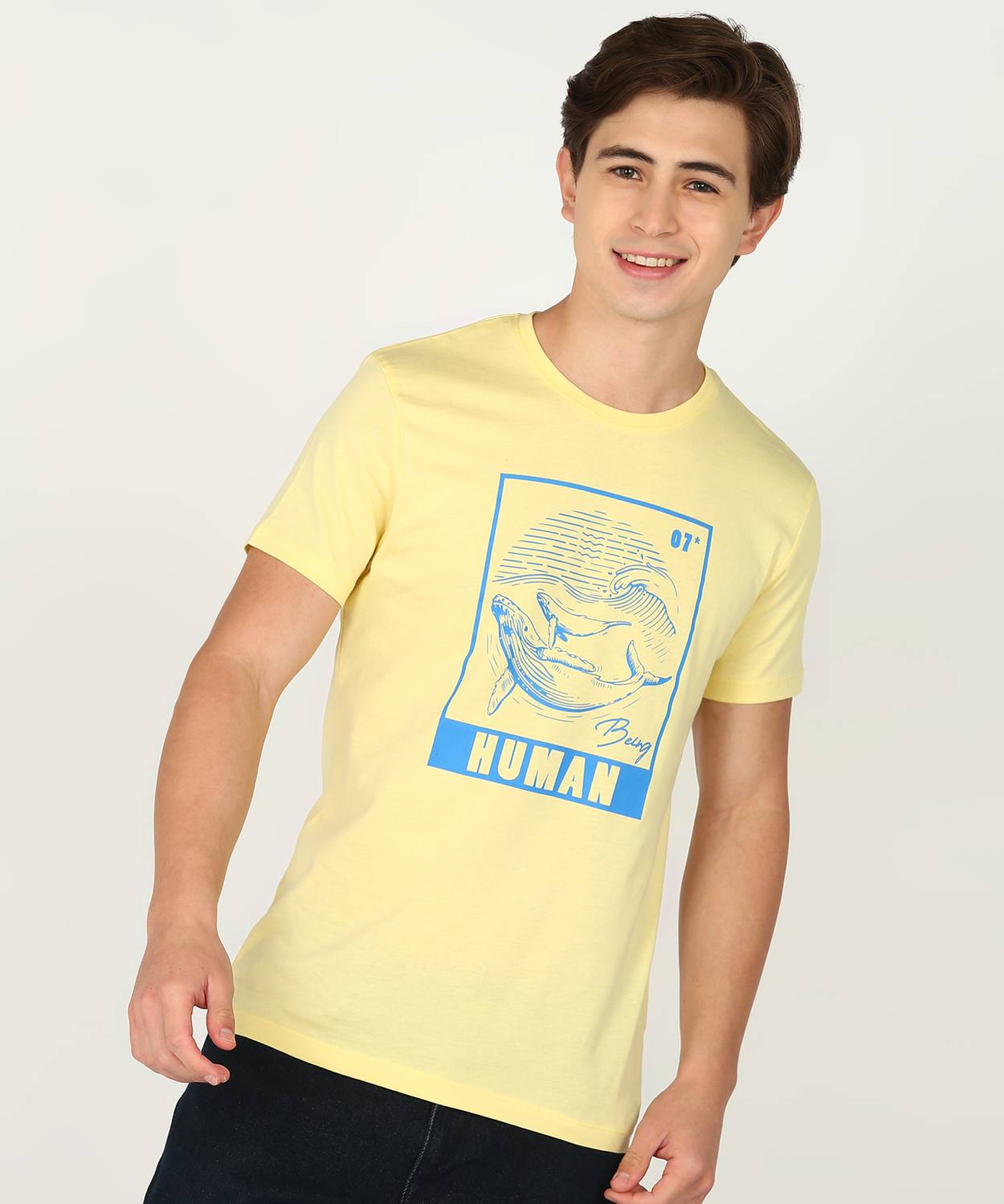 BEING HUMAN Graphic Print Men Round Neck Yellow T-Shirt