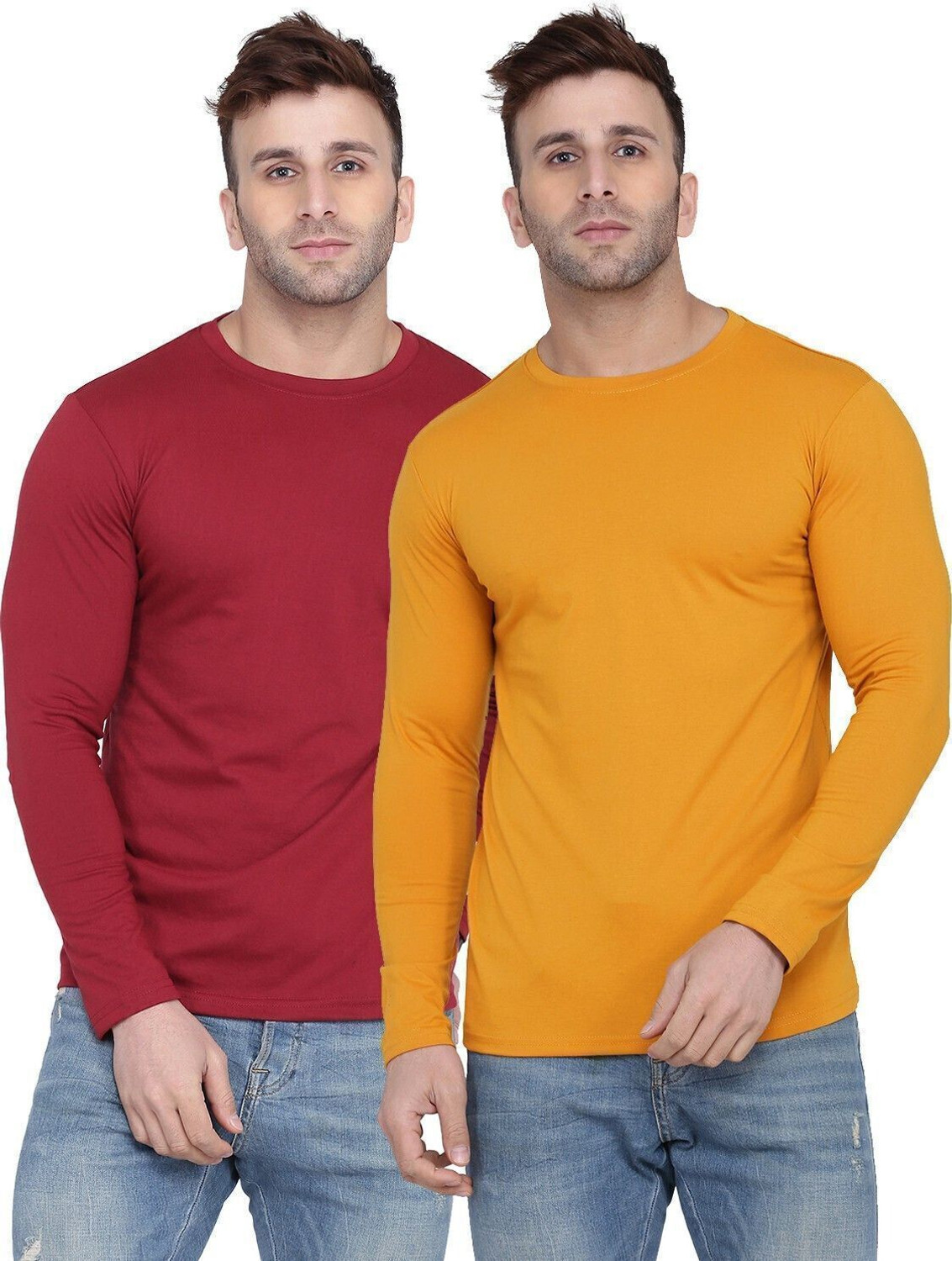 Image of New Trends Collection Solid Men Round Neck Maroon, Yellow T-Shirt