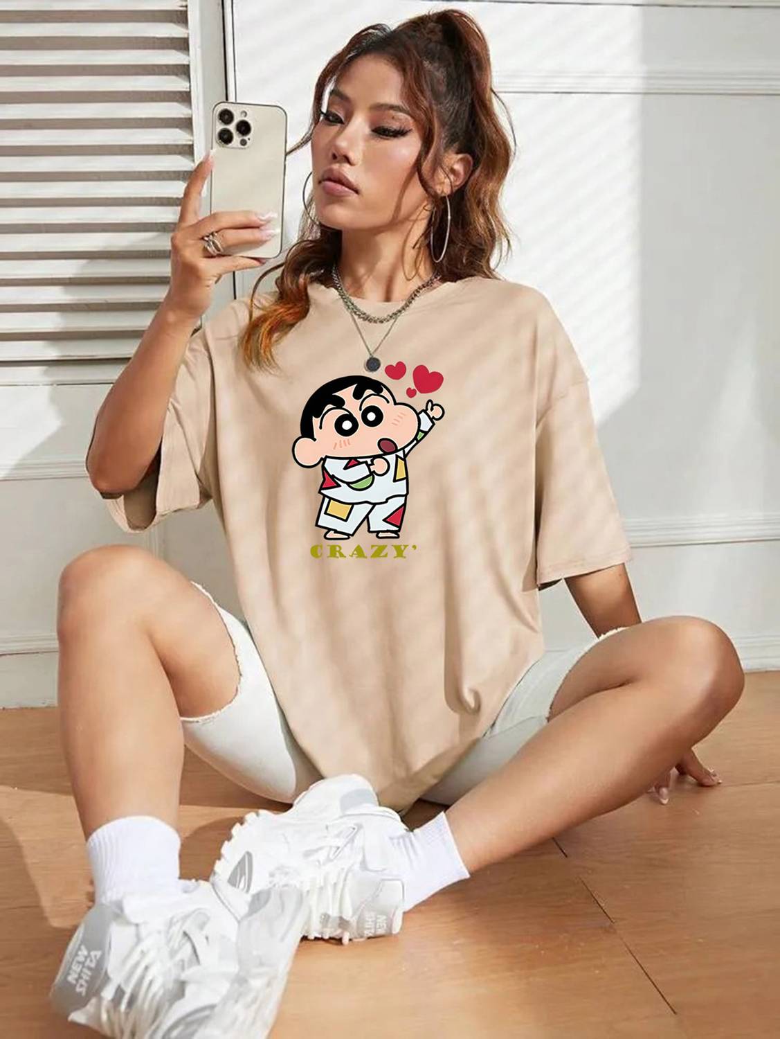 Adam White Cartoon, Graphic Print Women Round Neck Beige T-Shirt