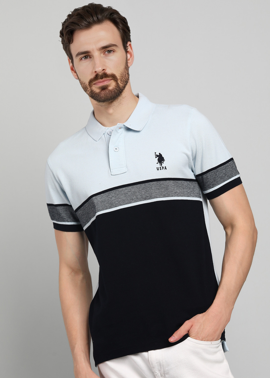 Image of U.S. POLO ASSN. Men Colorblock Polo Neck Pure Cotton Light Blue T-Shirt
