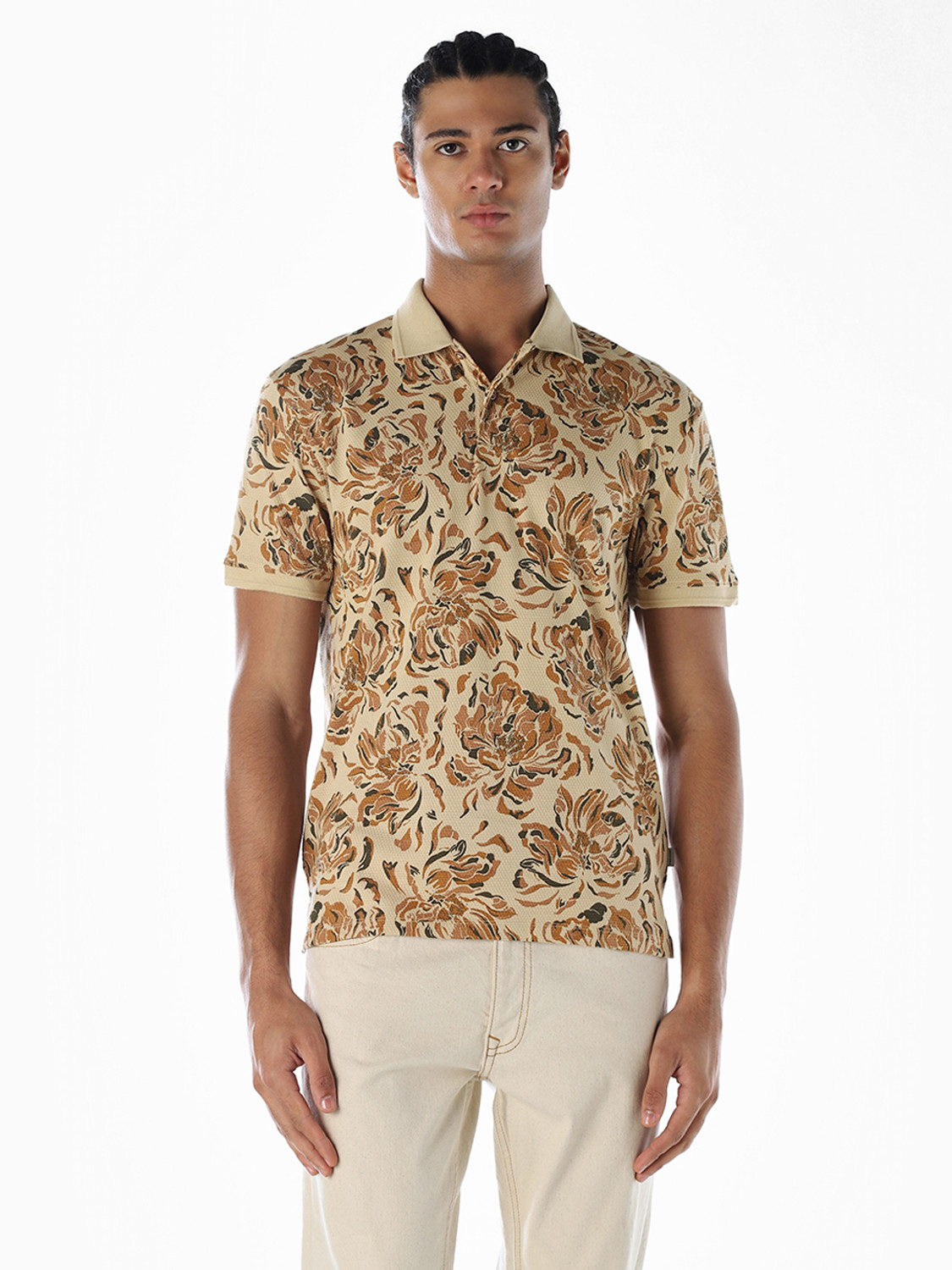 Image of JACK & JONES Men Printed Polo Neck Cotton Blend Beige T-Shirt