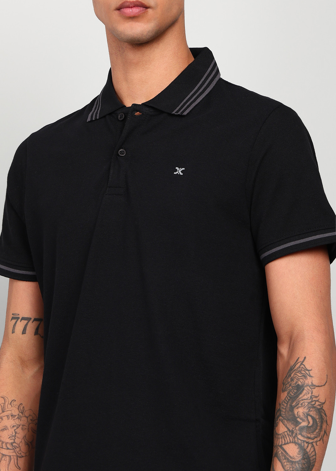 Image of KILLER Solid Men Polo Neck Black T-Shirt