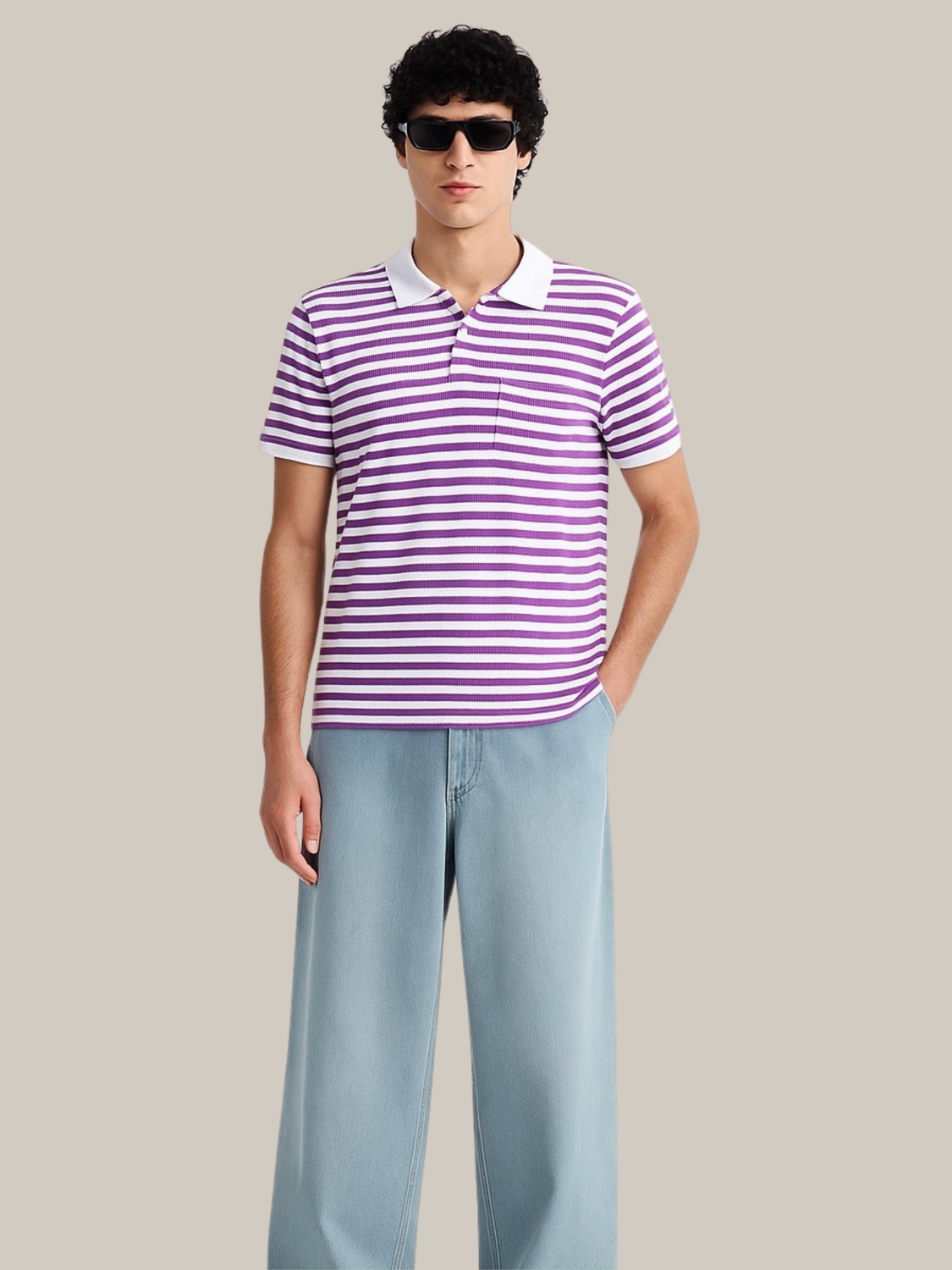 Image of YOUNICK Striped Men Polo Neck Purple T-Shirt