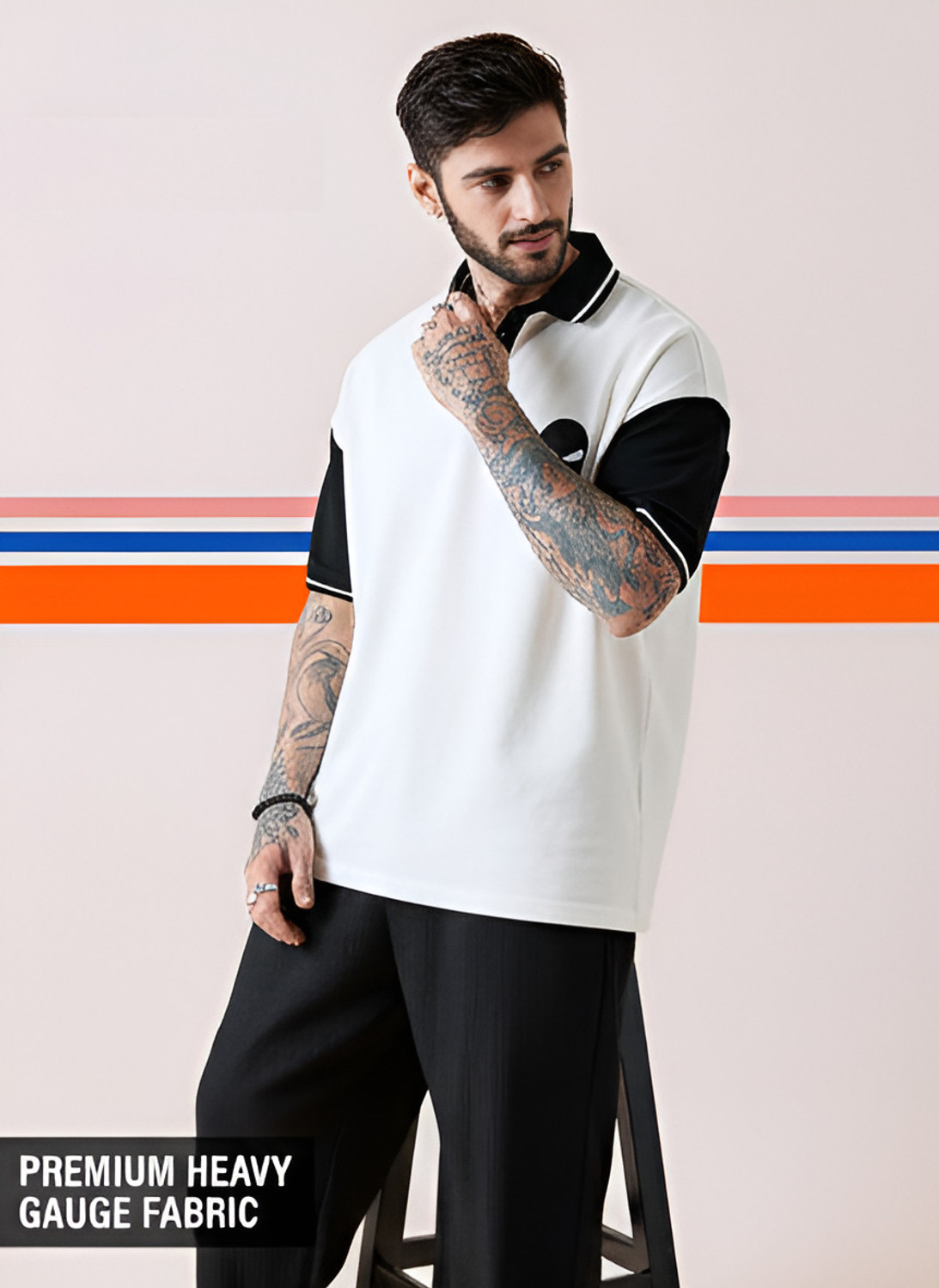 Image of METRONAUT Graphic Print Men Polo Neck White, Black T-Shirt