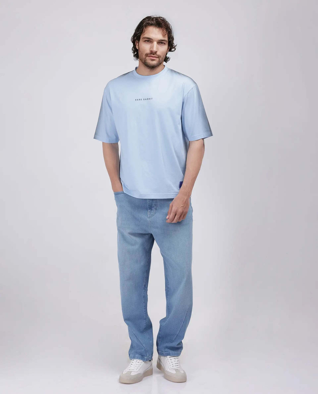Image of RARE RABBIT Typography Men Crew Neck Blue T-Shirt