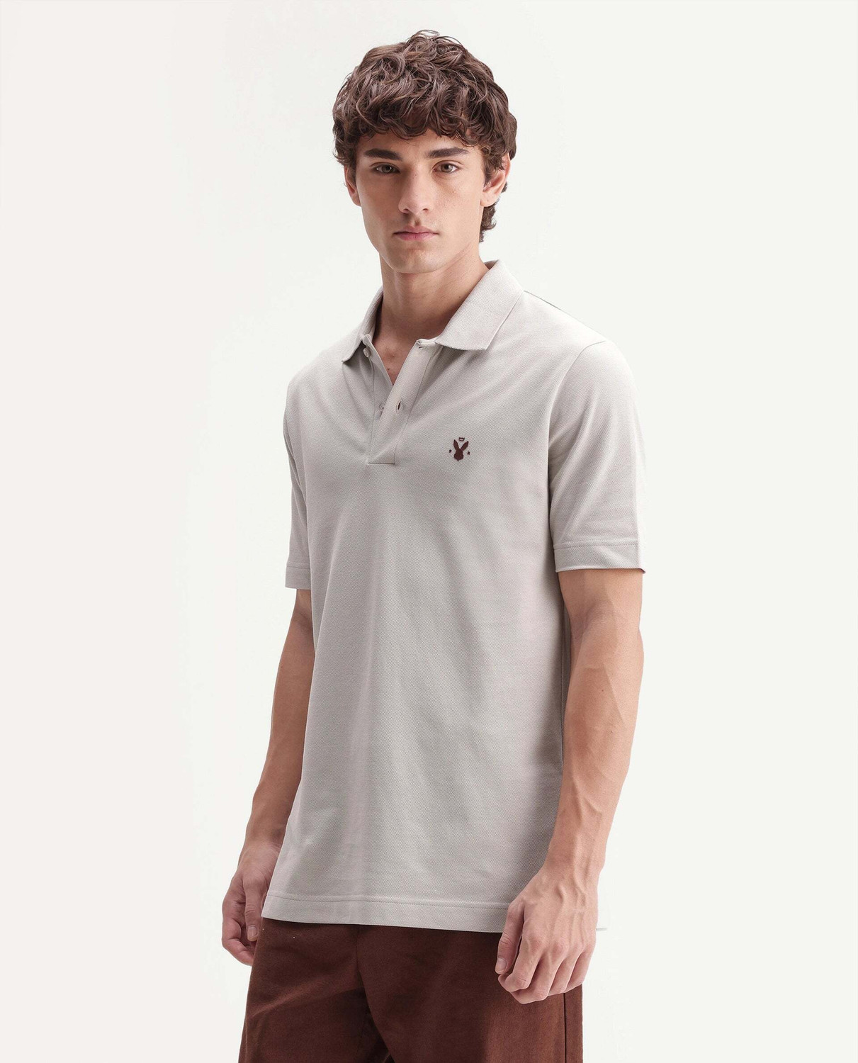 Image of RARE RABBIT Solid Men Mandarin Collar Grey T-Shirt