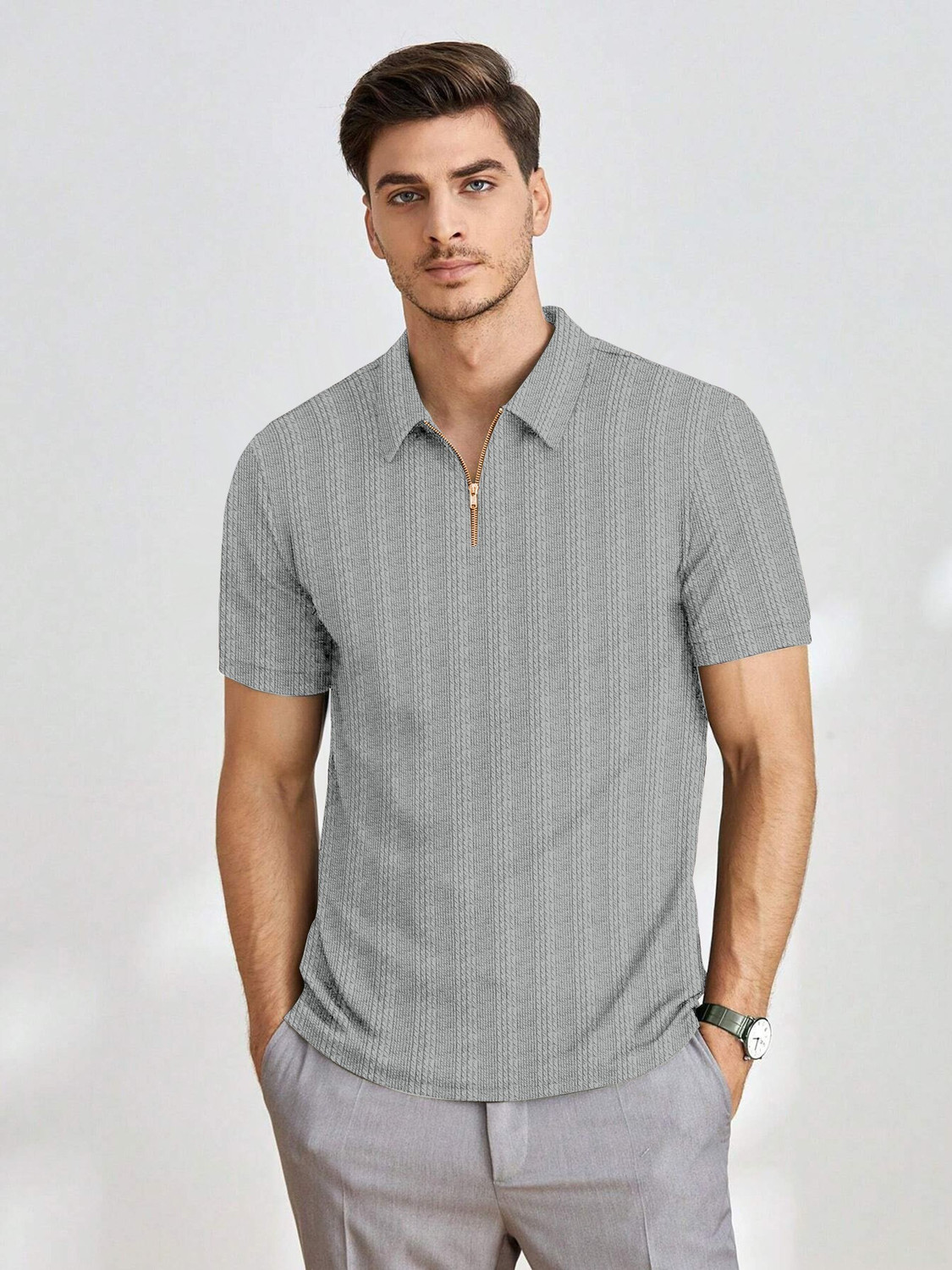 Image of COMBRAIDED Striped Men Zip Neck Grey T-Shirt