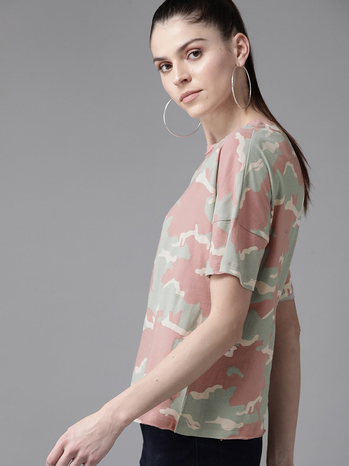 Image of Roadster Military Camouflage Women Round Neck Pink T-Shirt