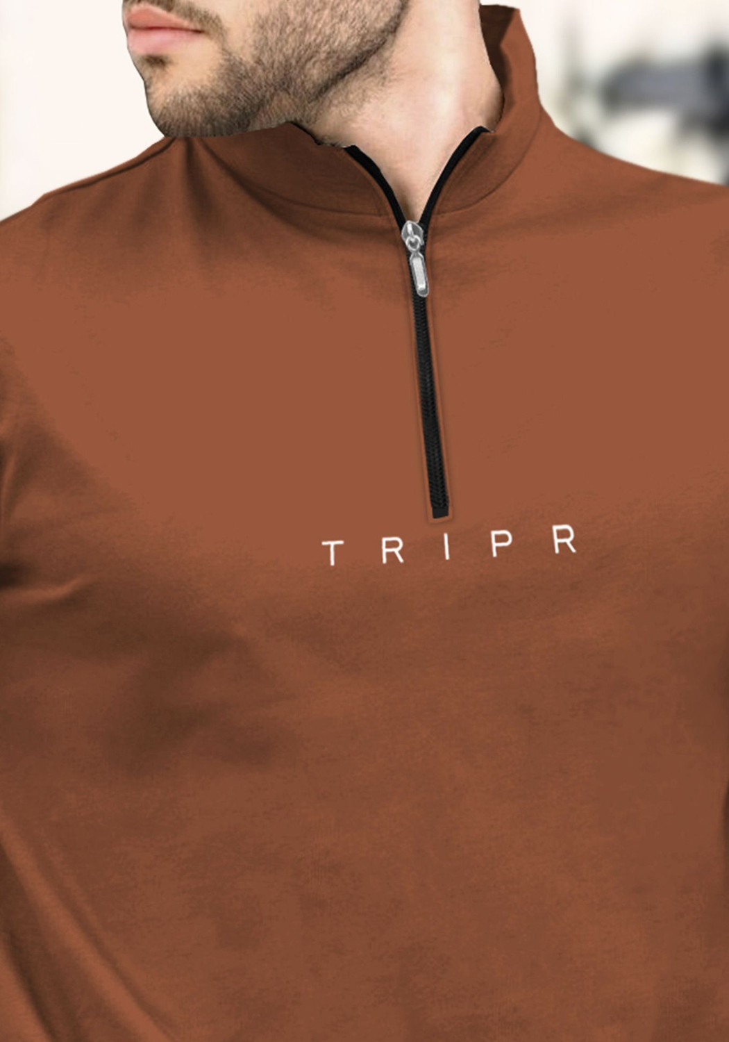 Image of TRIPR Printed Men Mandarin Collar Brown T-Shirt