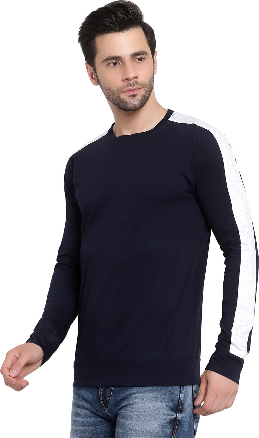 Image of RAWKISH Colorblock Men Round Neck White, Navy Blue T-Shirt