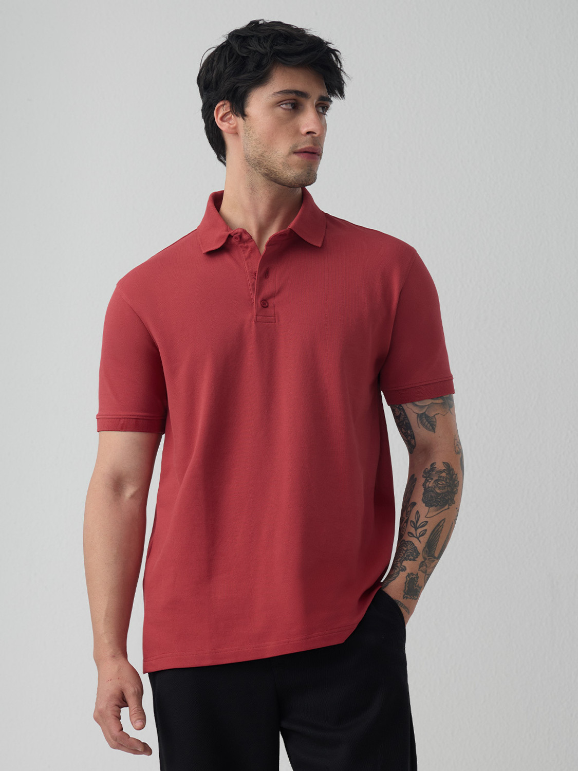 Image of The Souled Store Solid Men Polo Neck Red T-Shirt