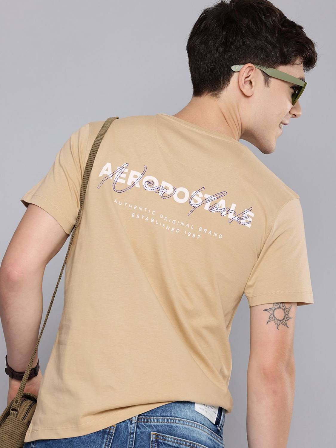 AEROPOSTALE Printed Men Round Neck Beige T-Shirt