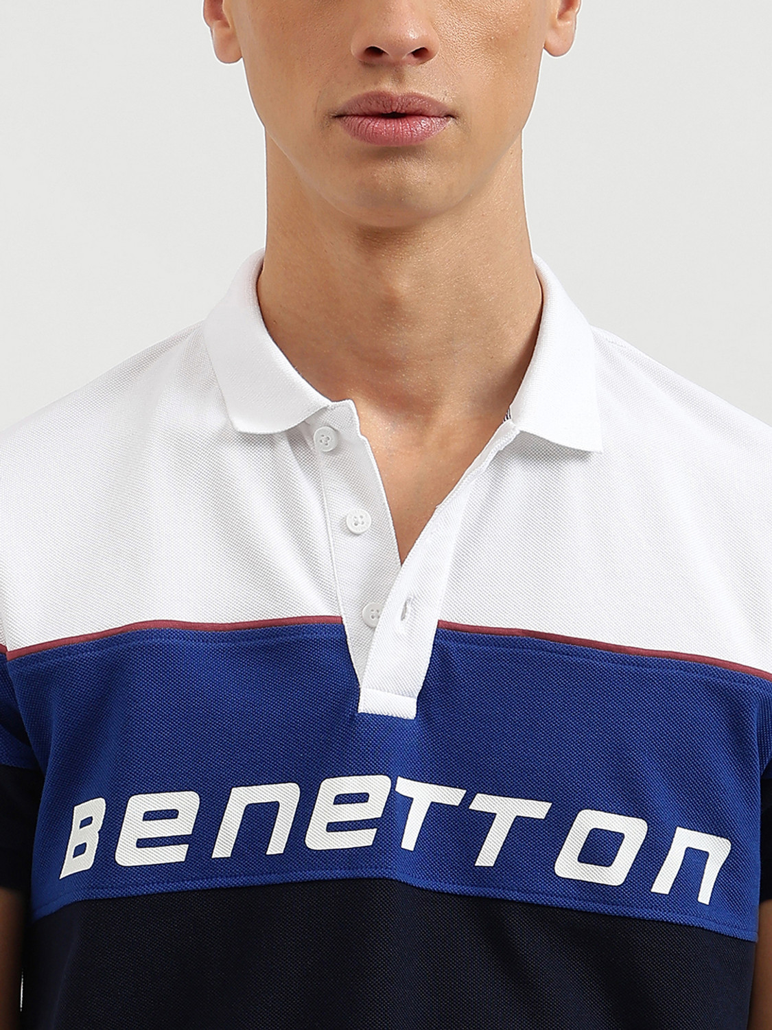 Image of United Colors of Benetton Colorblock Men Polo Neck White T-Shirt