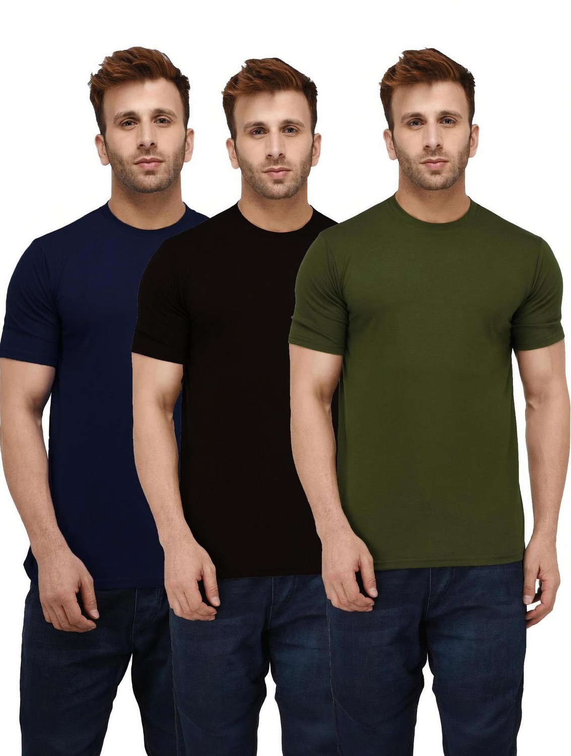 London Hills Solid Men Round Neck Dark Blue, Dark Green, Black T-Shirt