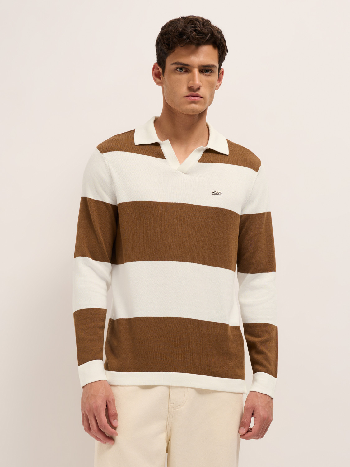 Image of THE BEAR HOUSE Striped Men Polo Neck Brown T-Shirt